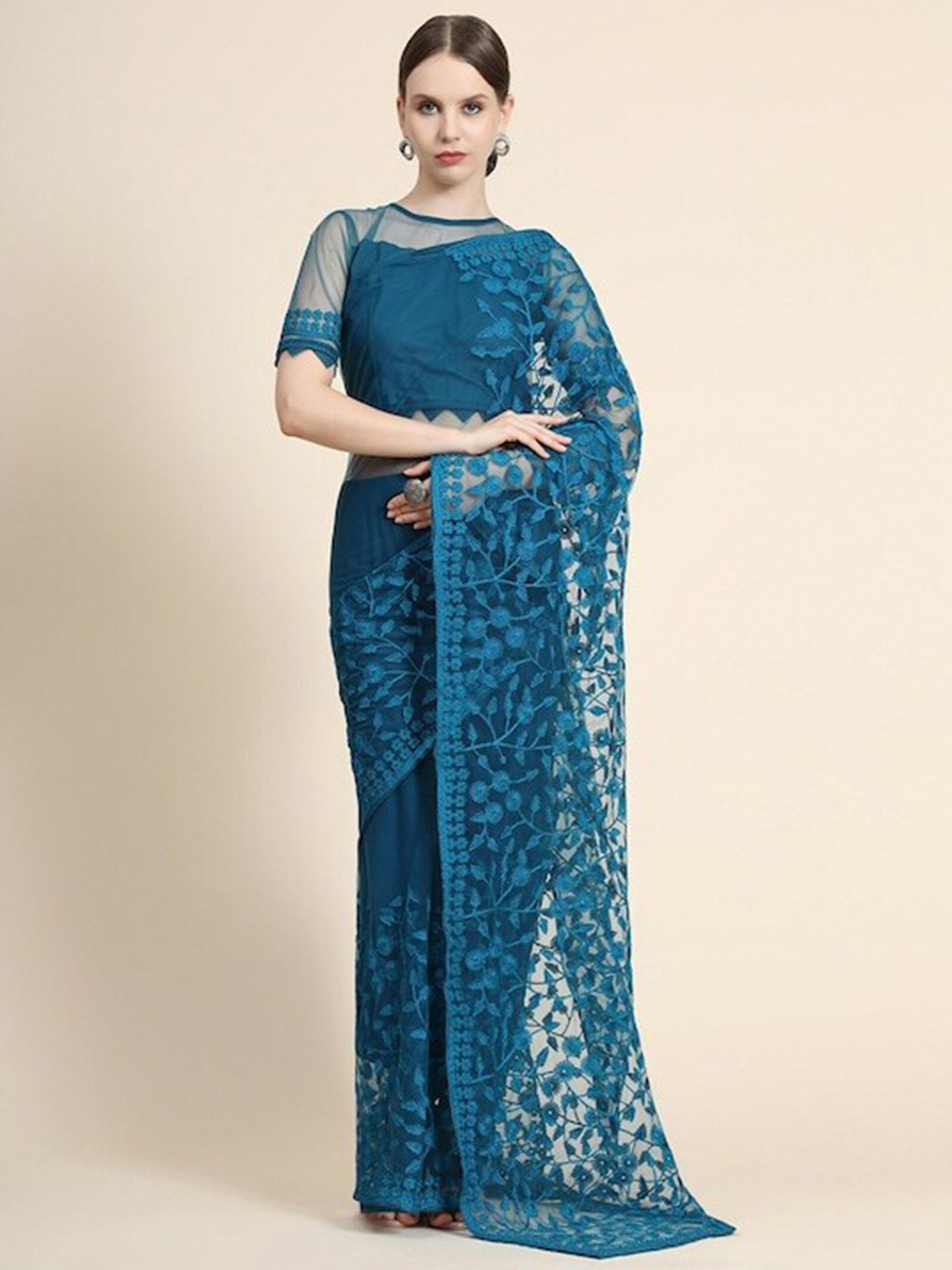 

Mitera Blue Floral Embroidered Net Saree