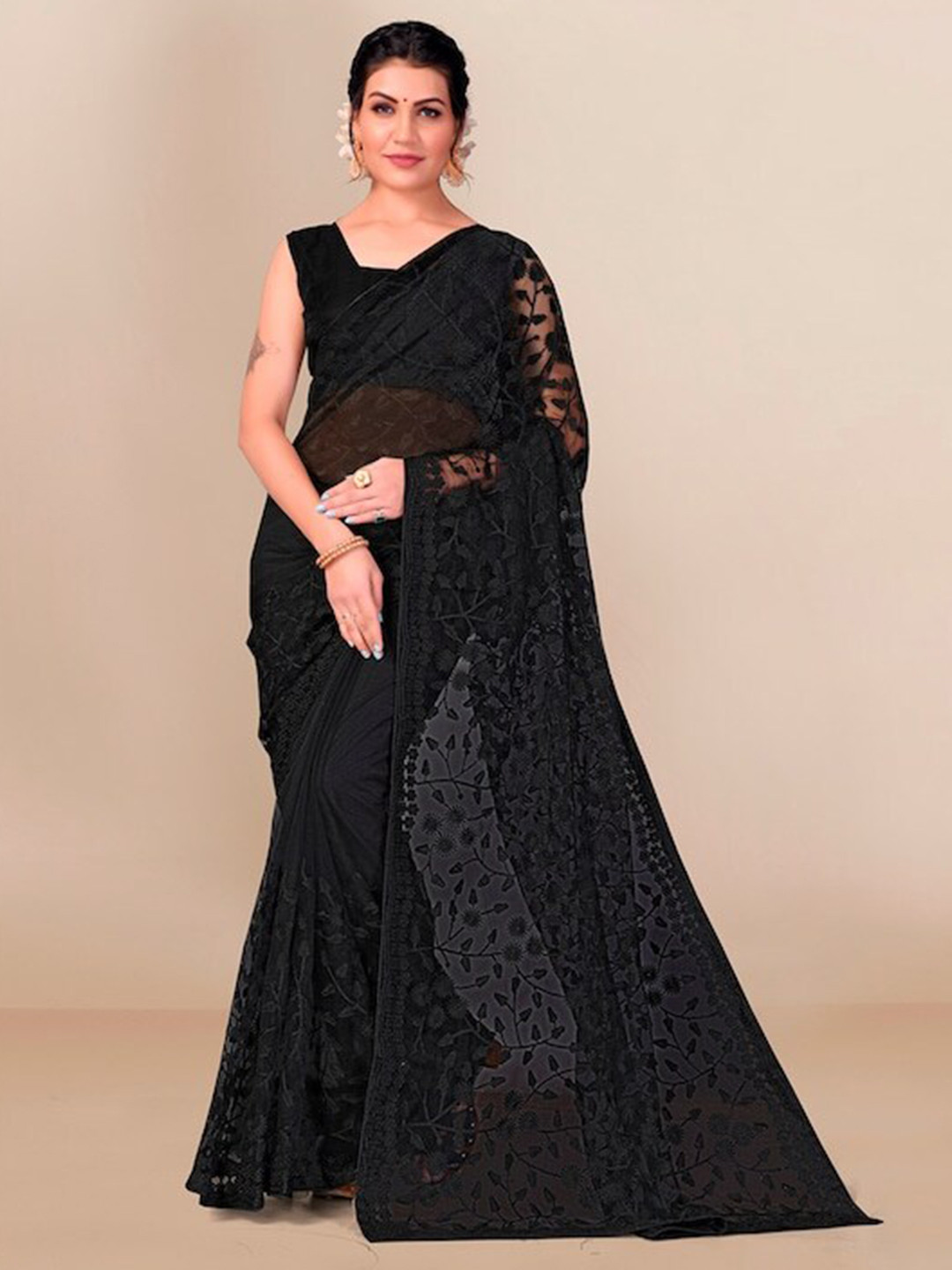 

Mitera Black Floral Embroidered Net Saree
