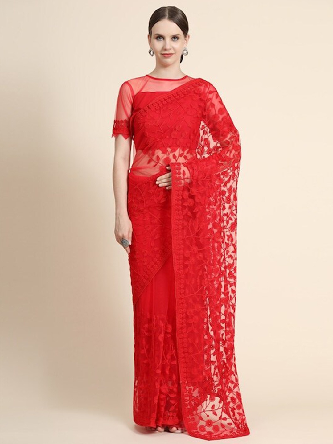 

Nimayaa Floral Embroidered Net Saree, Red