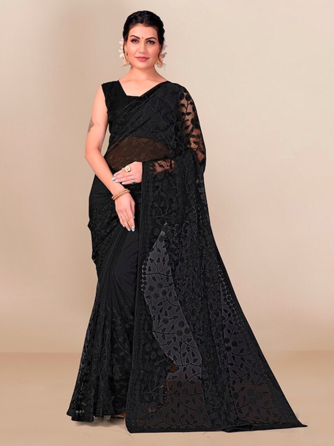 

Nimayaa Floral Embroidered Net Saree, Black