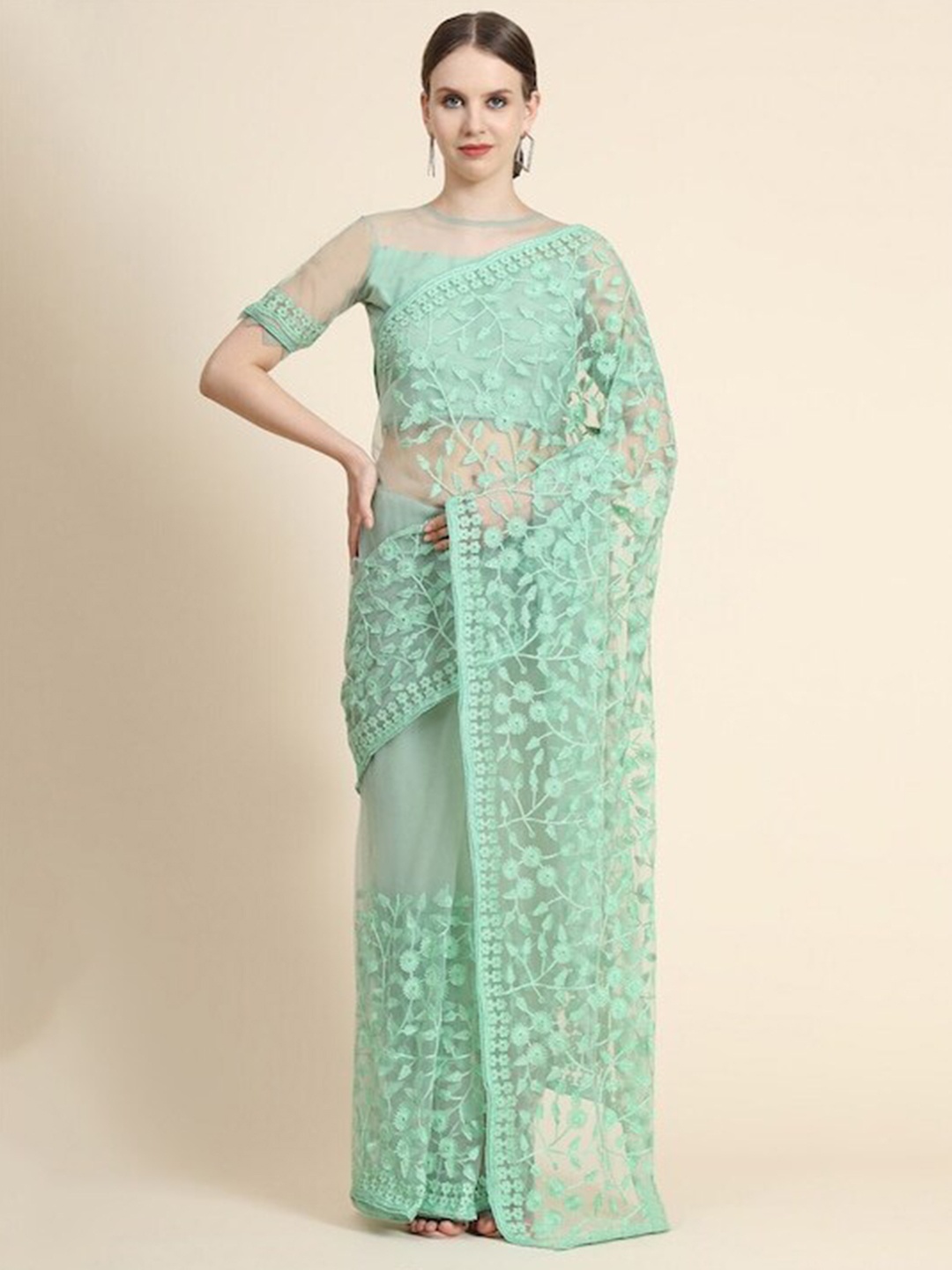 

Nimayaa Floral Embroidered Net Saree, Green