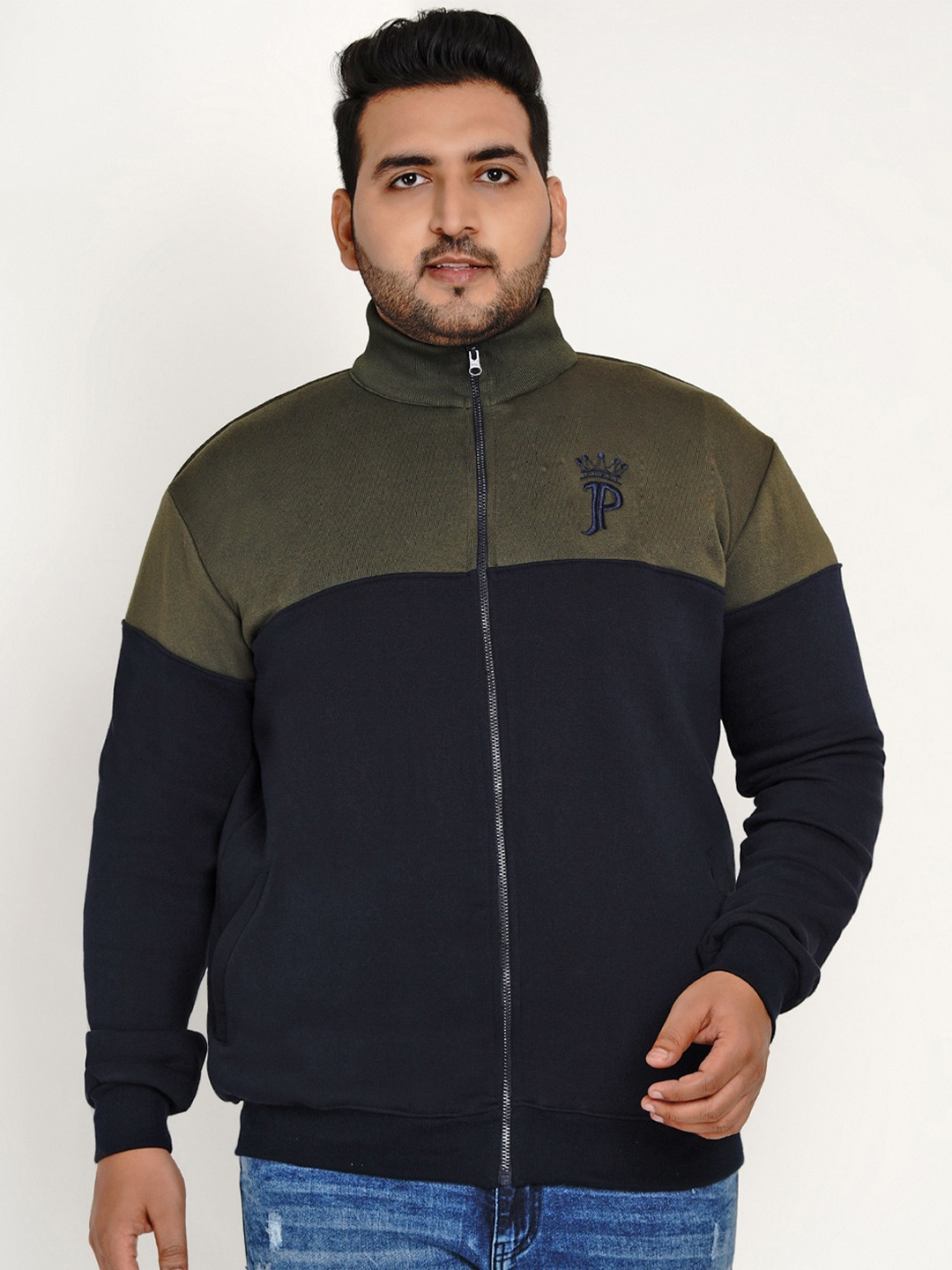 

John Pride Colourblocked Mock Collar Cotton Sweatshirt, Navy blue