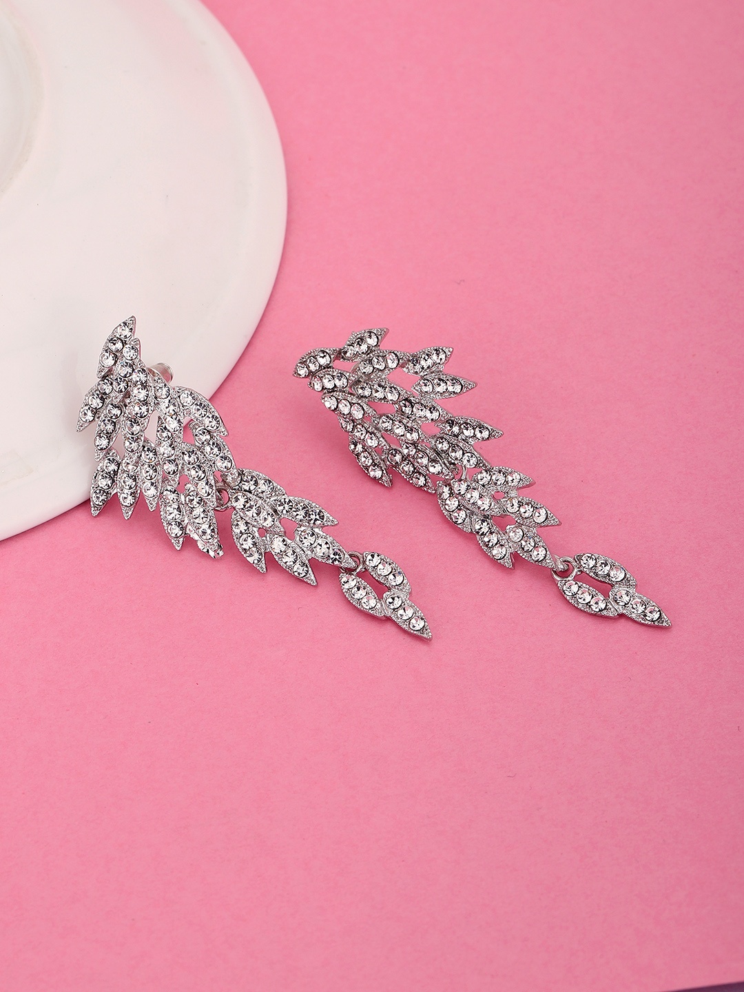 

Carlton London Women Rhodium-Plated CZ-Studded Contemporary Drop Earrings, Silver