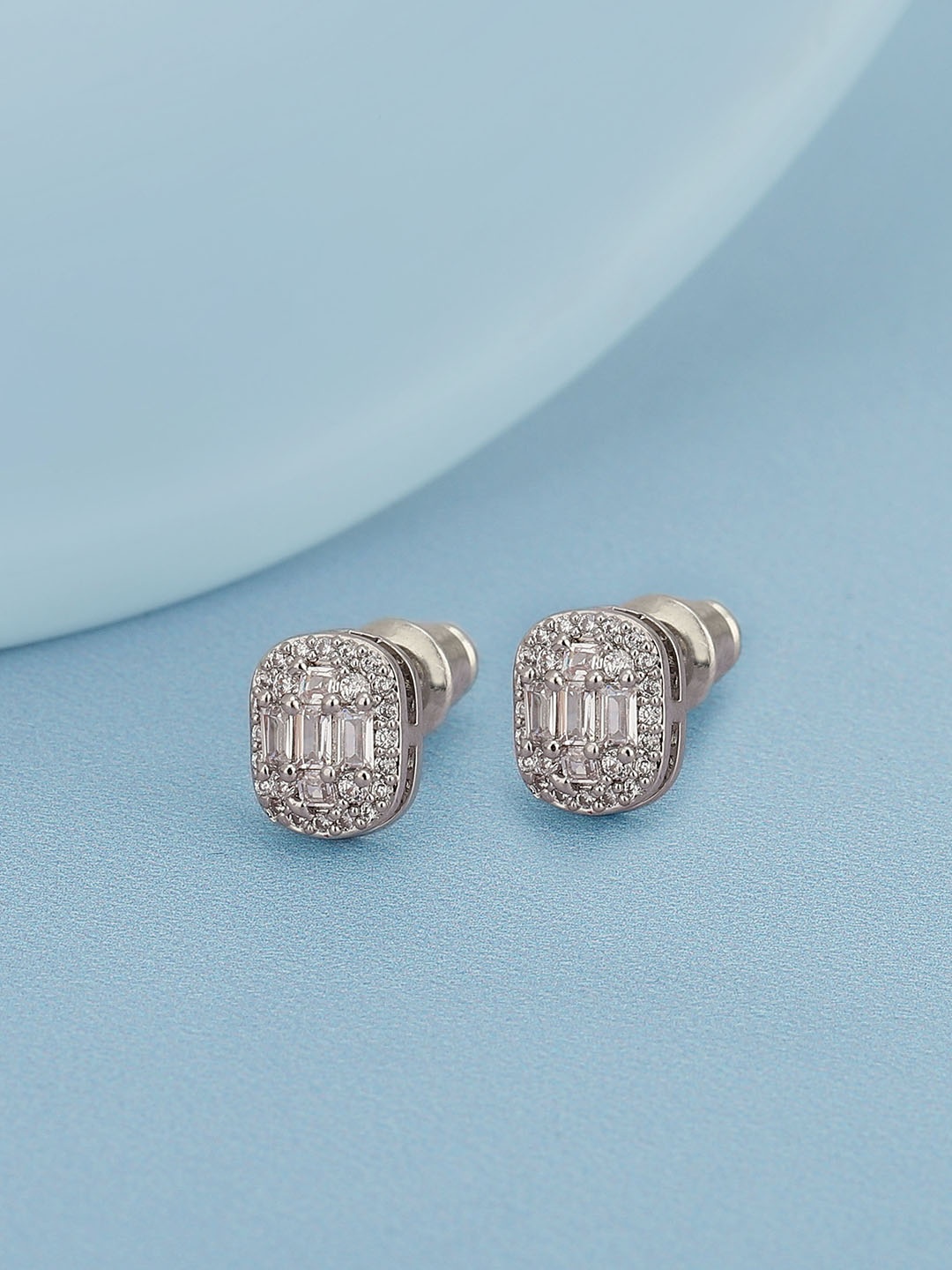 

Carlton London Rhodium-Plated CZ Studded Oval Studs Earrings, Silver