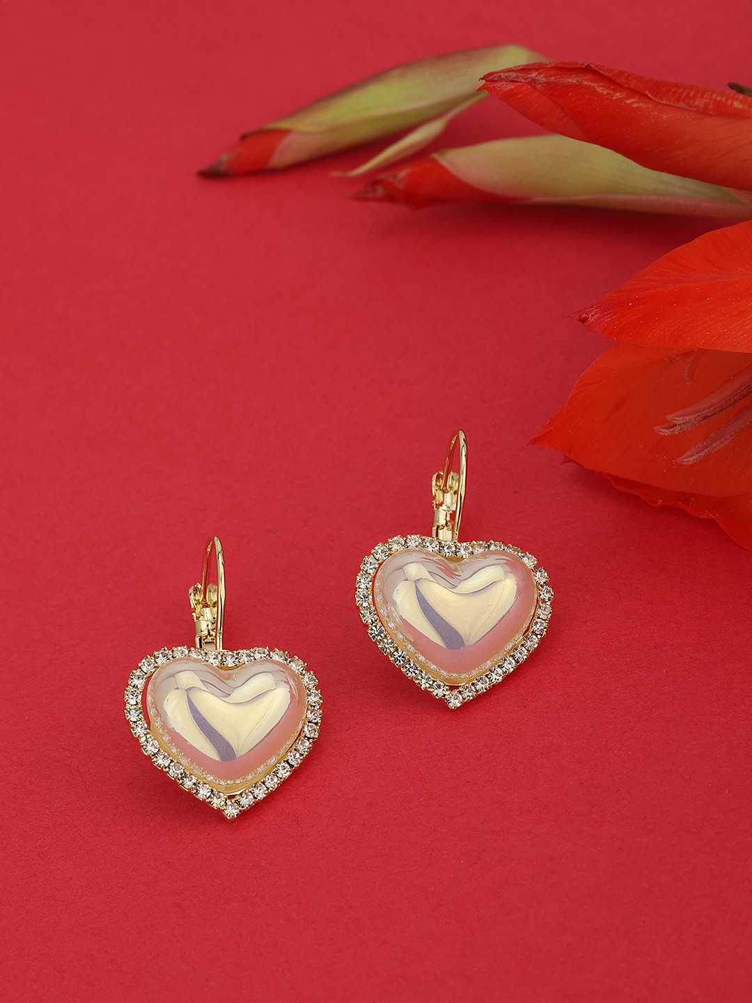 

Carlton London Women Gold-Plated Moon Stone-Studded Heart Shaped Drop Earrings