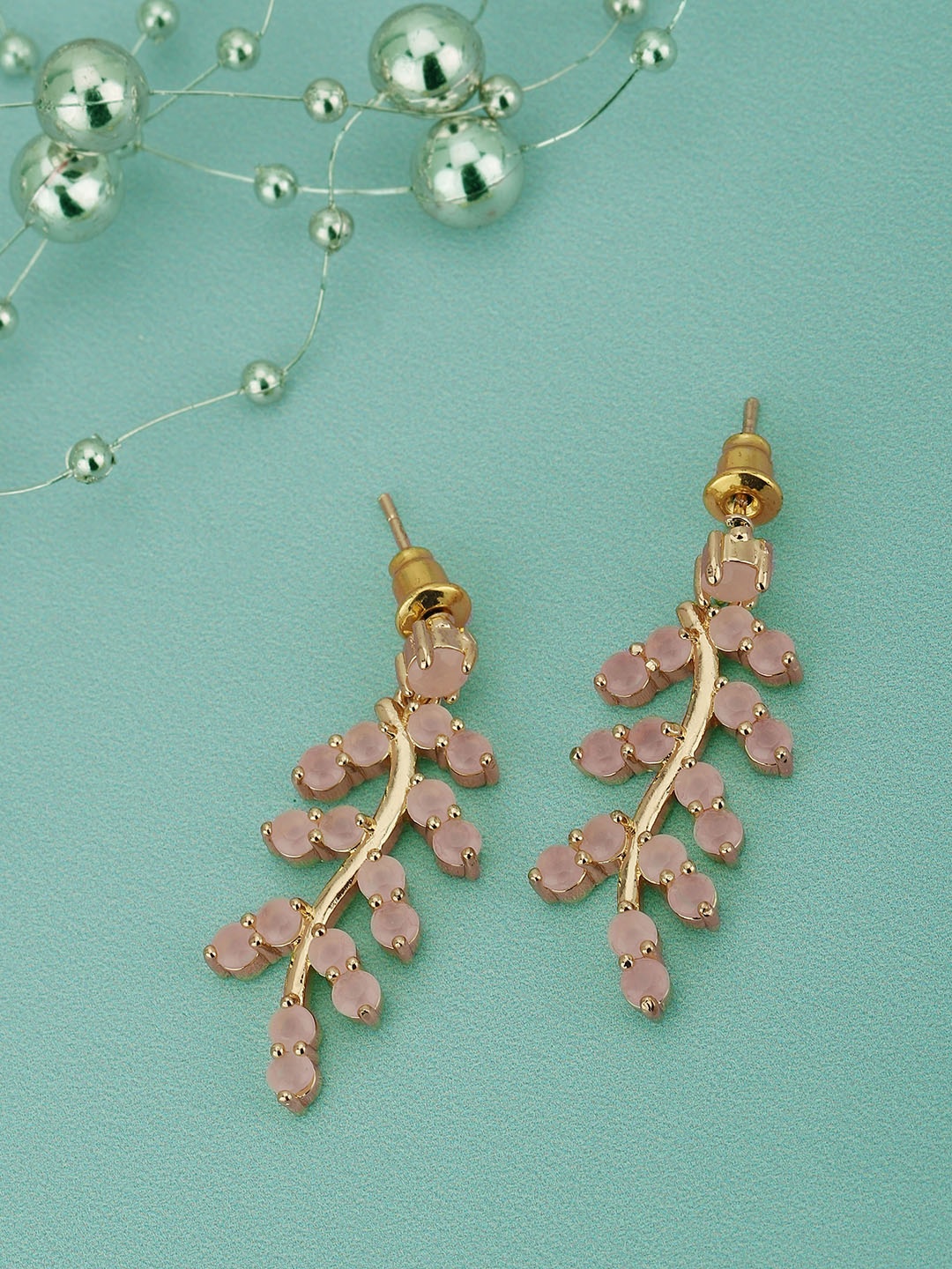 

Carlton London Women Gold-Plated Beaded Leaf Shaped Drop Earrings
