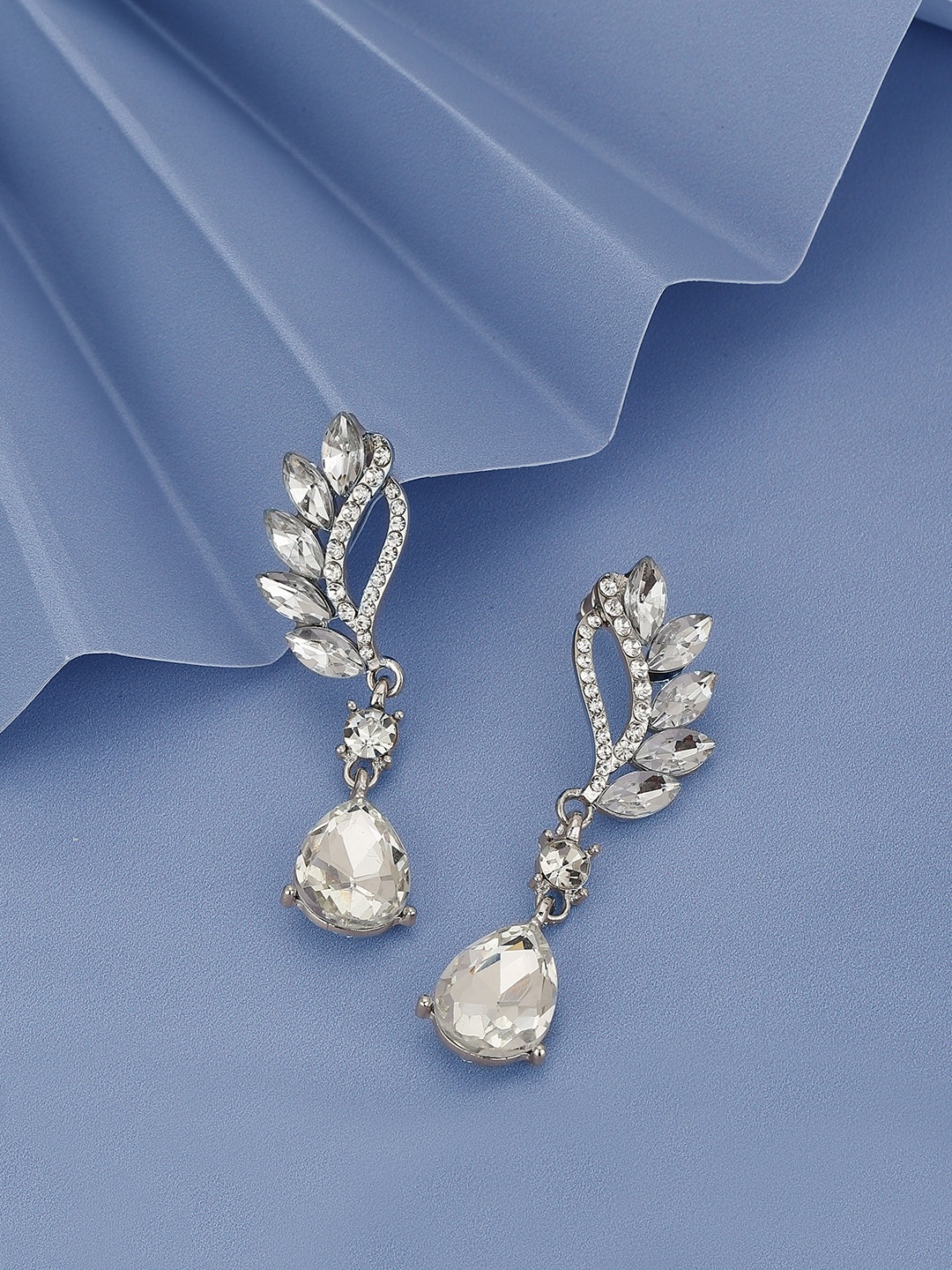 

Carlton London Premium Rhodium-Plated Crystal-Studded Drop Earrings, Silver
