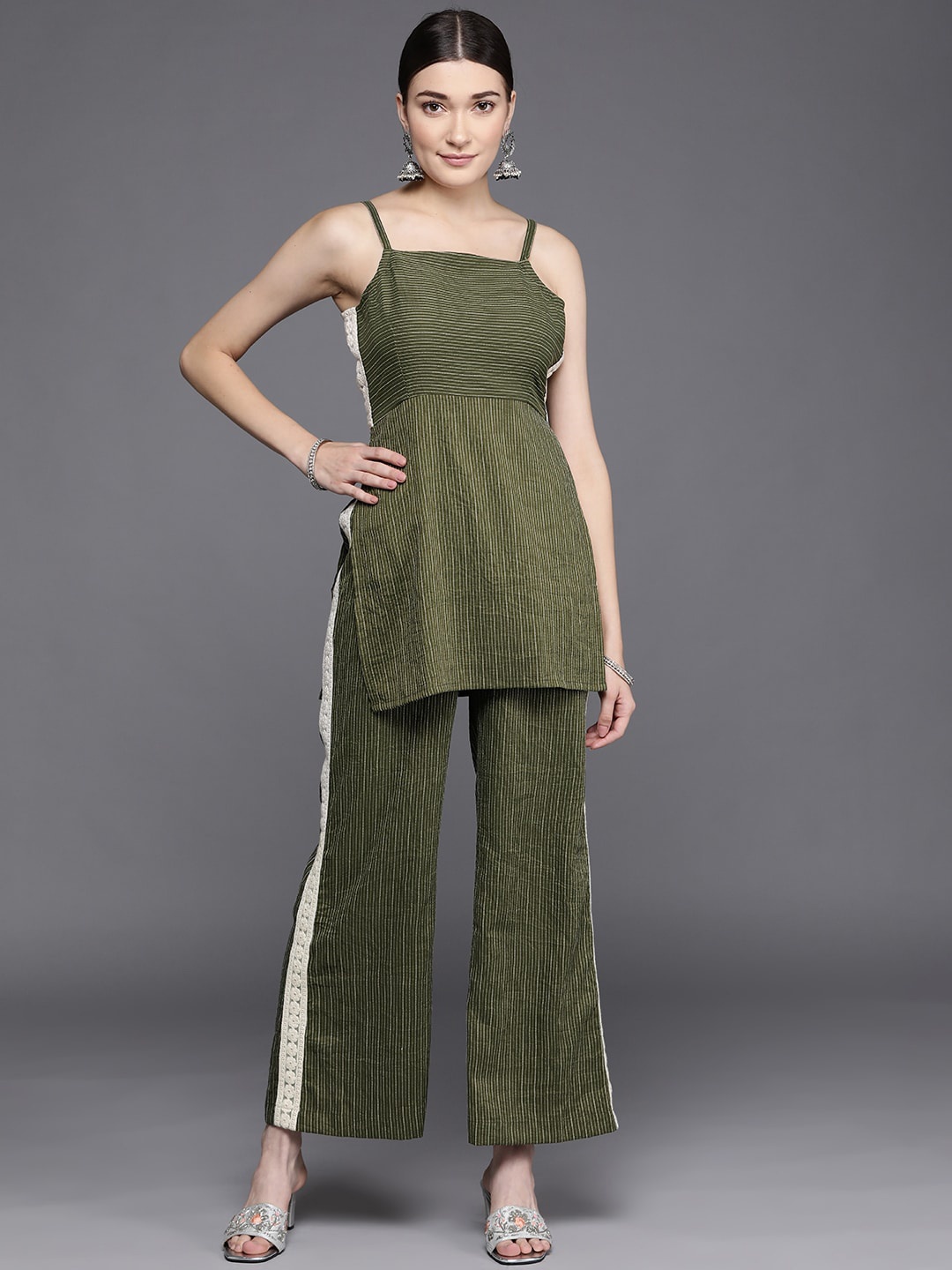 

MASSTANI BY INDDUS Green Striped Shoulder Straps Kurti with Palazzos