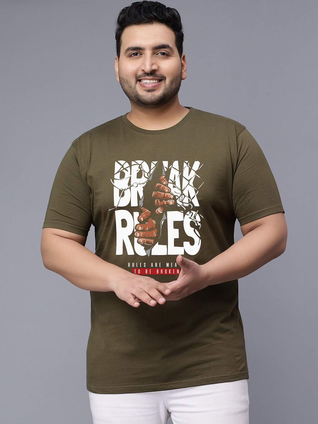

Toodle Plus Plus Size Typography Printed Cotton T Shirt, Olive