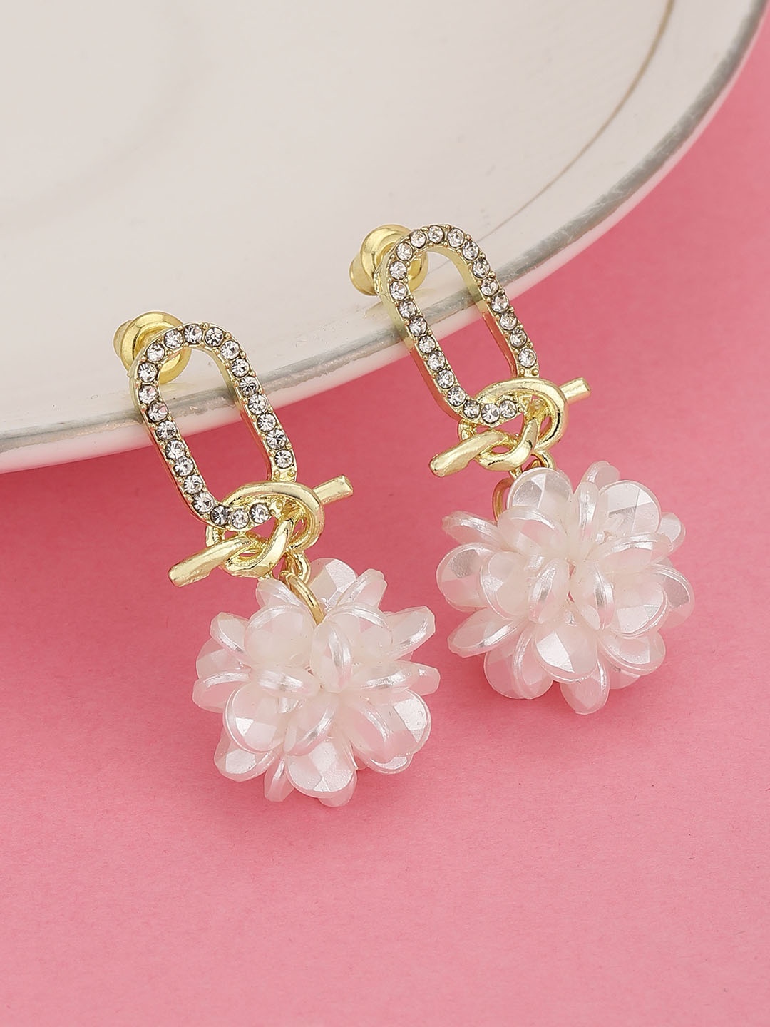 

Carlton London Women Gold-Plated CZ Studded Floral Drop Earrings