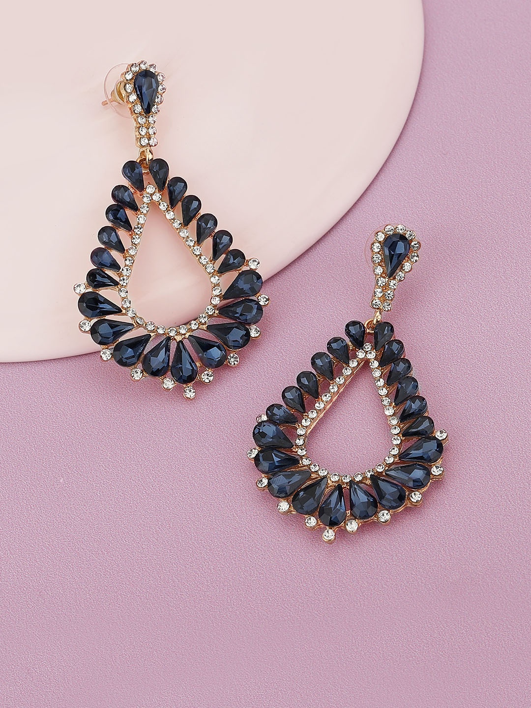 

Carlton London Women Rose Gold-Plated Saphire-Studded Drop Earrings, Navy blue