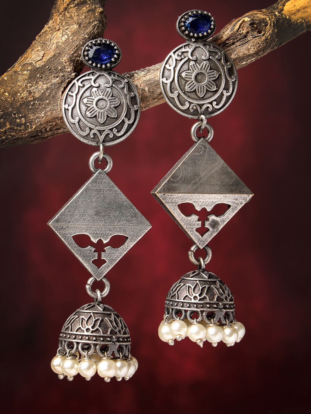 

Sanjog German Oxidized Stone Studded Long Engraved Jhumkas, Silver