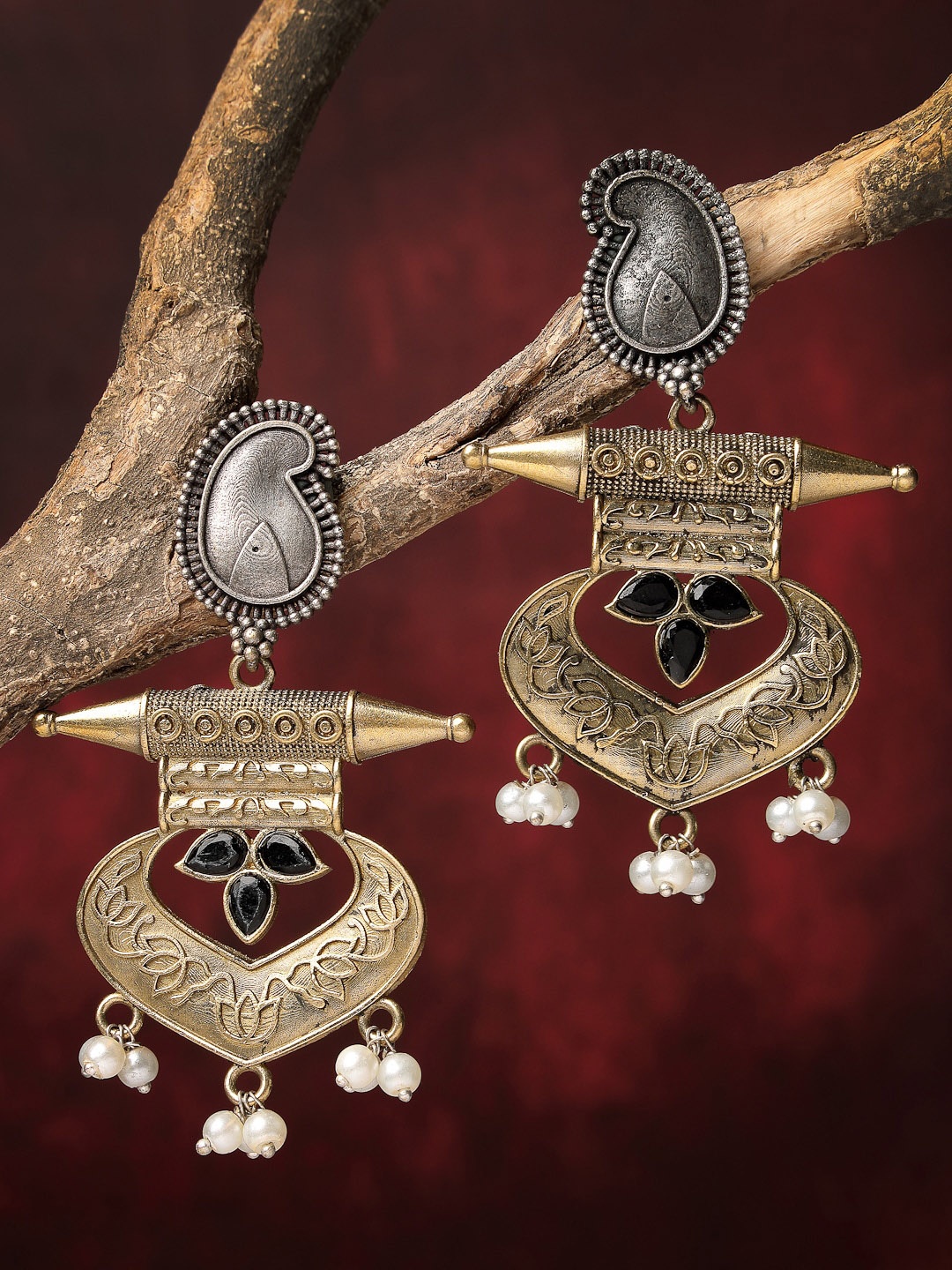 

Sanjog Dual Toned Oxidized German Silver Stone Studded Tribal Drop Earrings, Gold