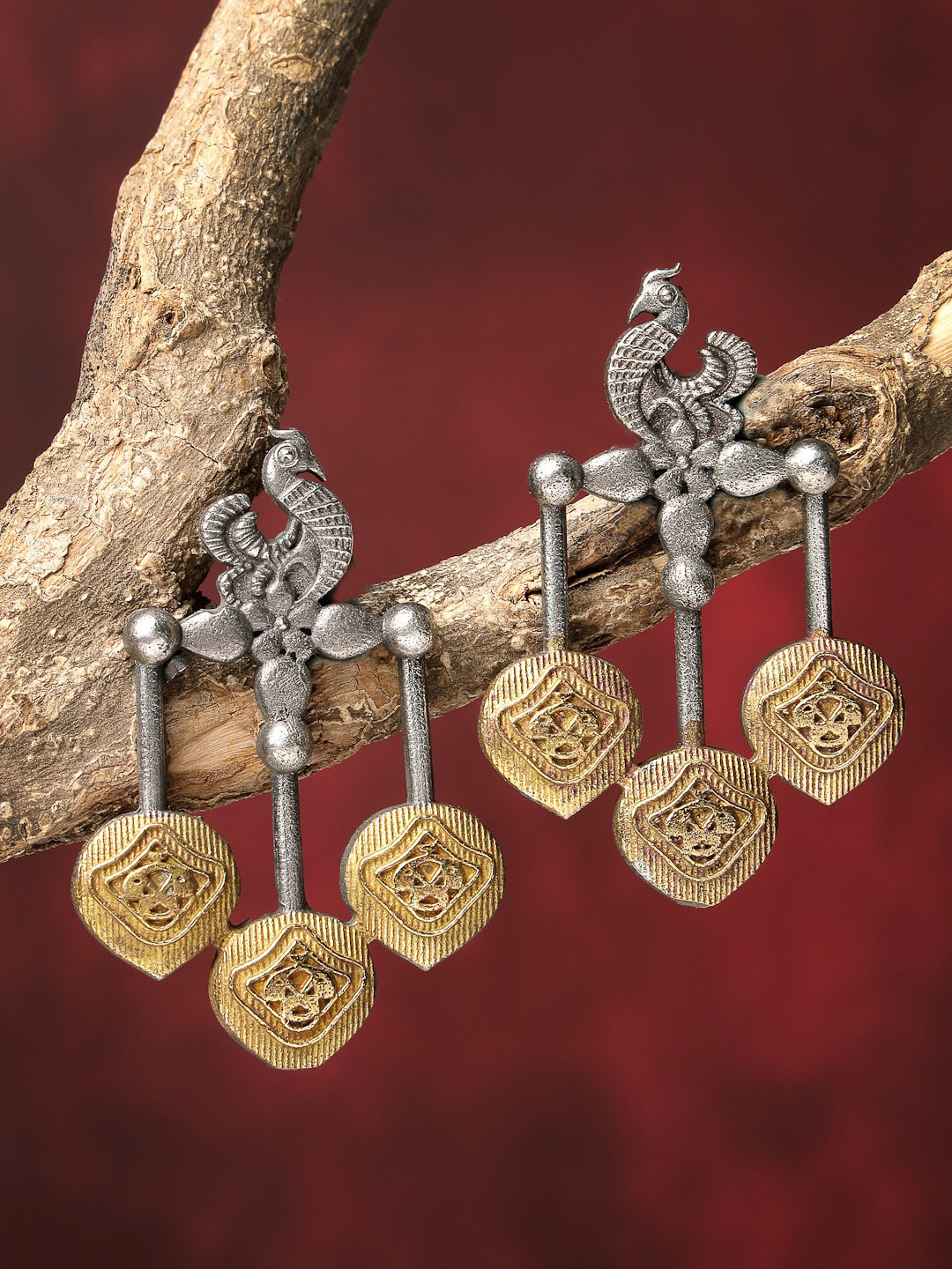 

Sanjog Silver & Gold Dual Toned German Silver Geometric Oxidized Bird Tribal Earrings