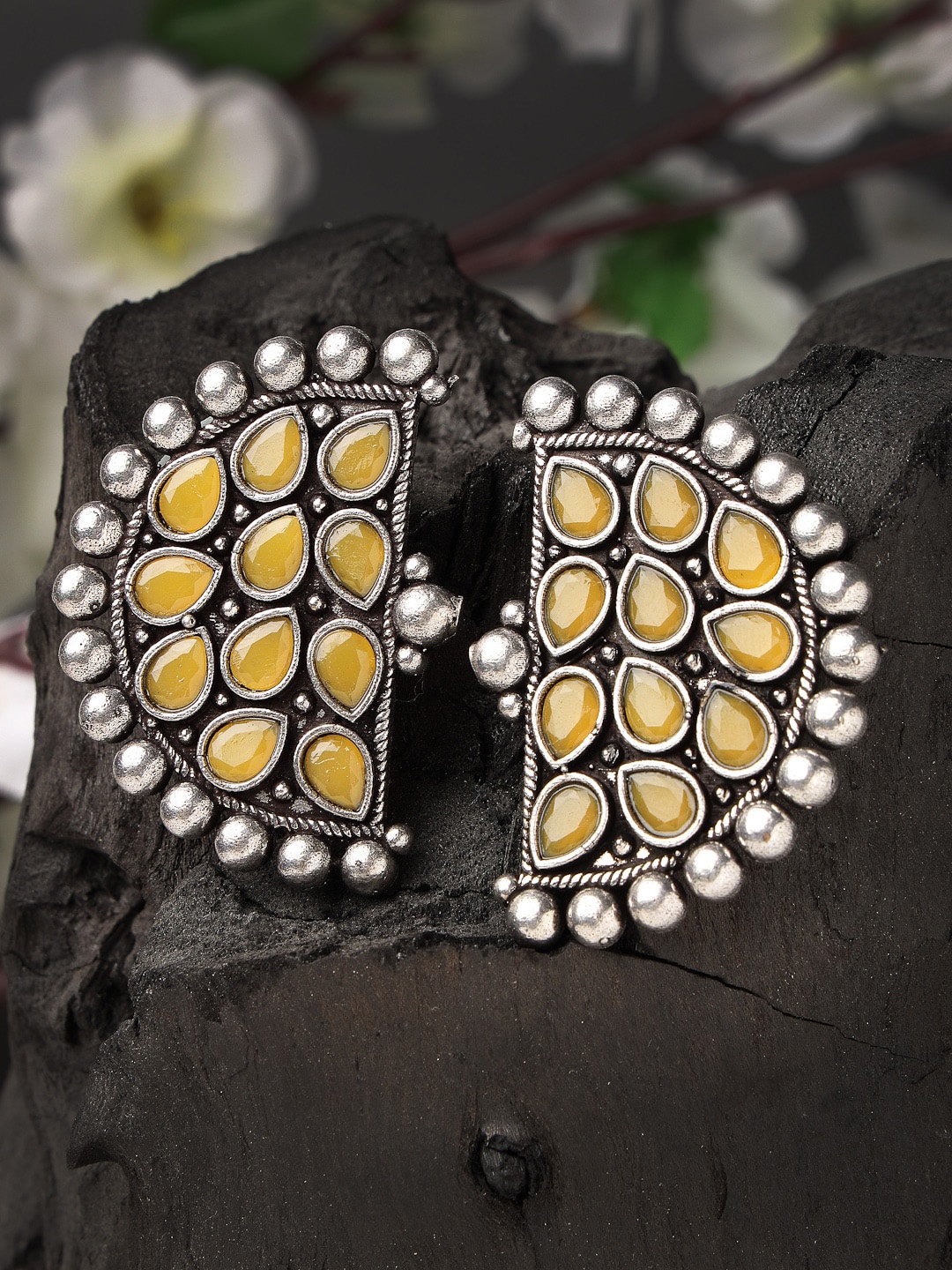 

Sanjog Silver Plated German Stone Studs Geometric Oxidized Statement Earrings