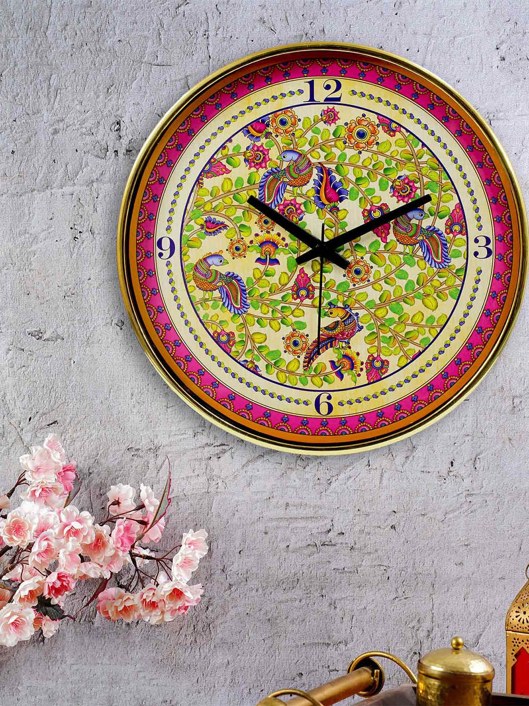 

KOLOROBIA Green & Pink Kalamkari Printed Contemporary Analogue Wall Clock