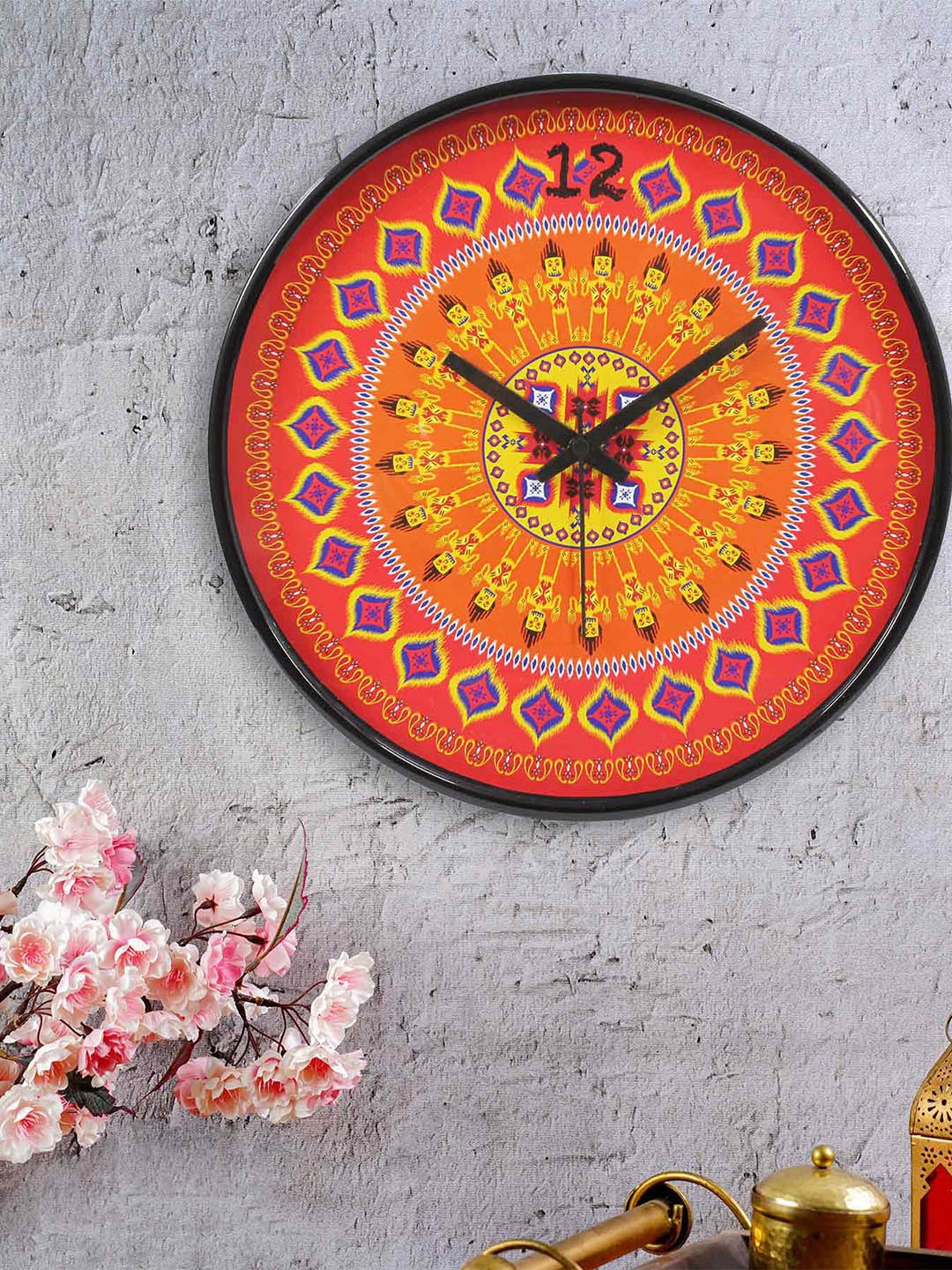 KOLOROBIA Orange & Yellow Ikat Printed Contemporary Analogue Wall Clock