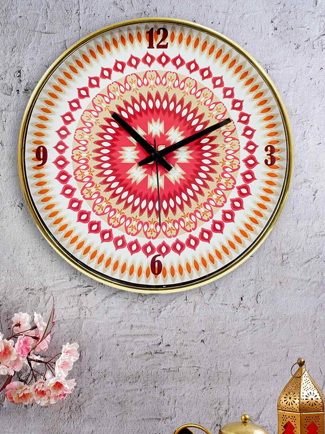 KOLOROBIA White & Pink Ikat Printed Contemporary Analogue Wall Clock