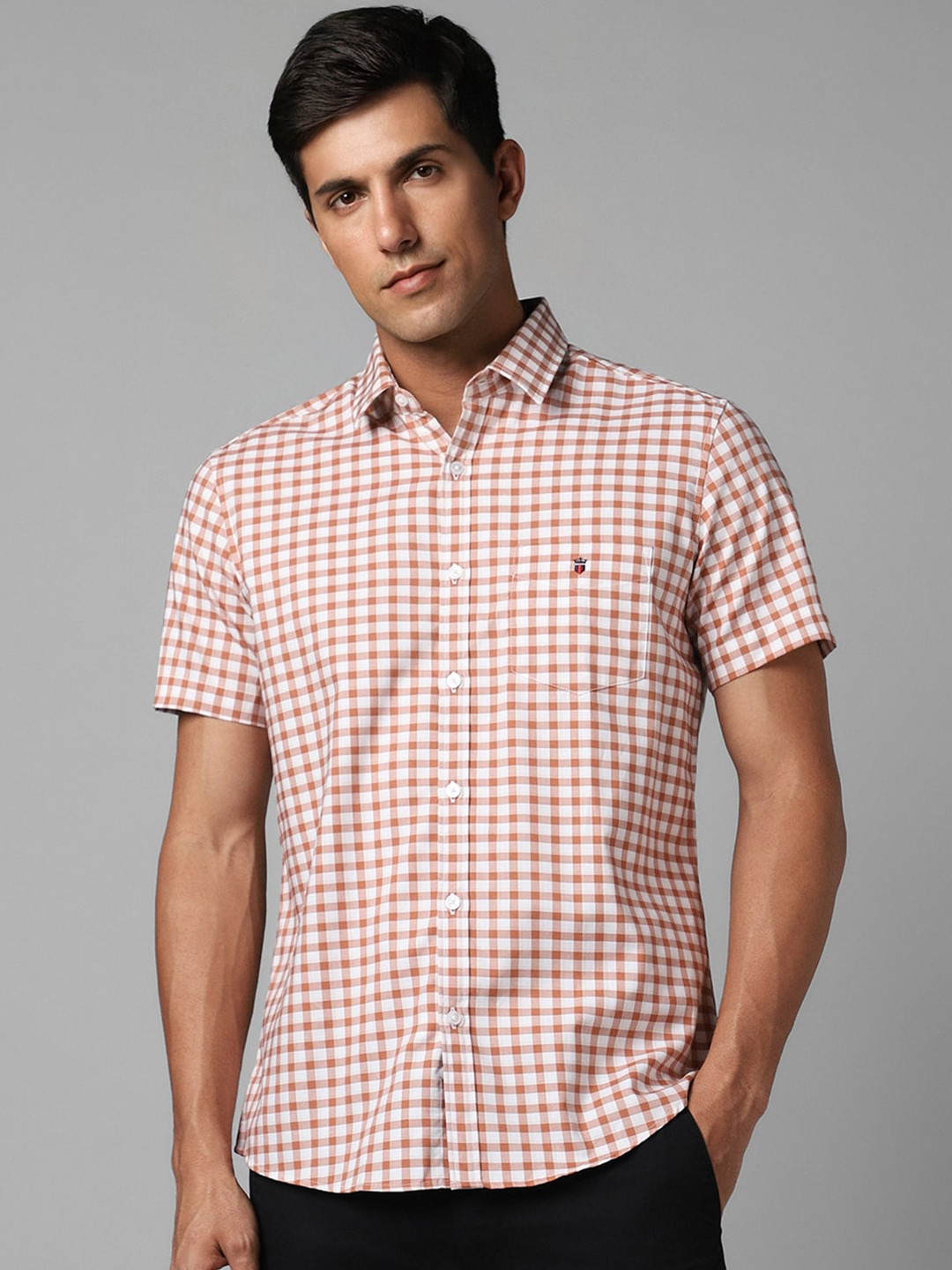 

Louis Philippe Sport Slim Fit Gingham Checked Pure Cotton Casual Shirt, Peach