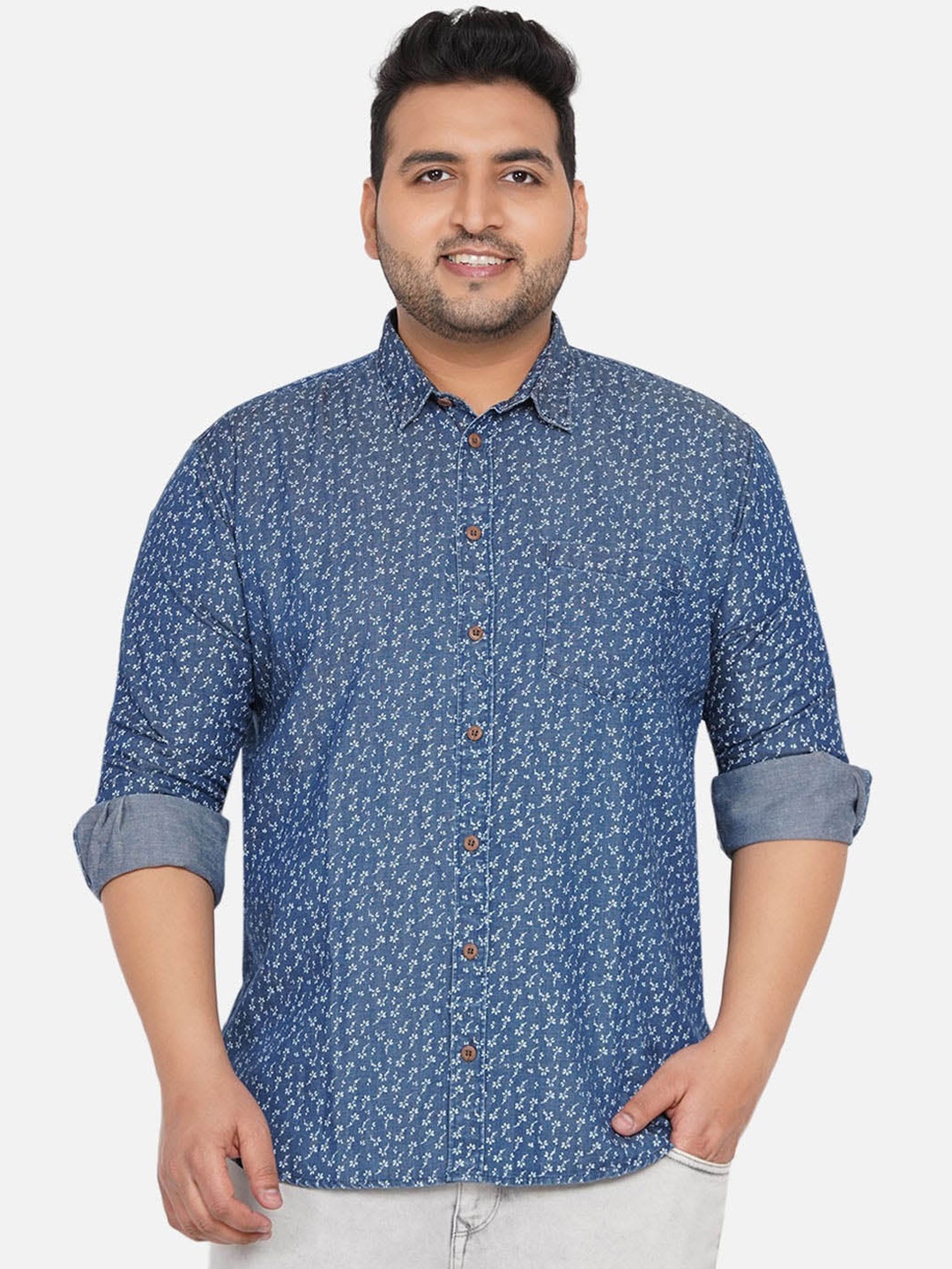 

John Pride Plus Size Floral Printed Pure Cotton Casual Shirt, Blue