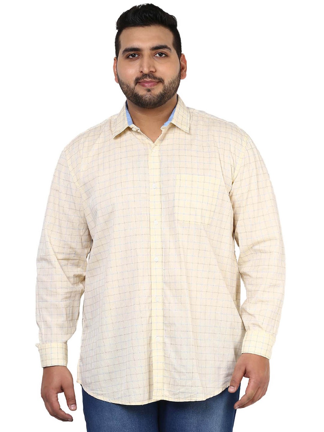 

John Pride Plus Size Checked Pure Cotton Casual Shirt, Yellow