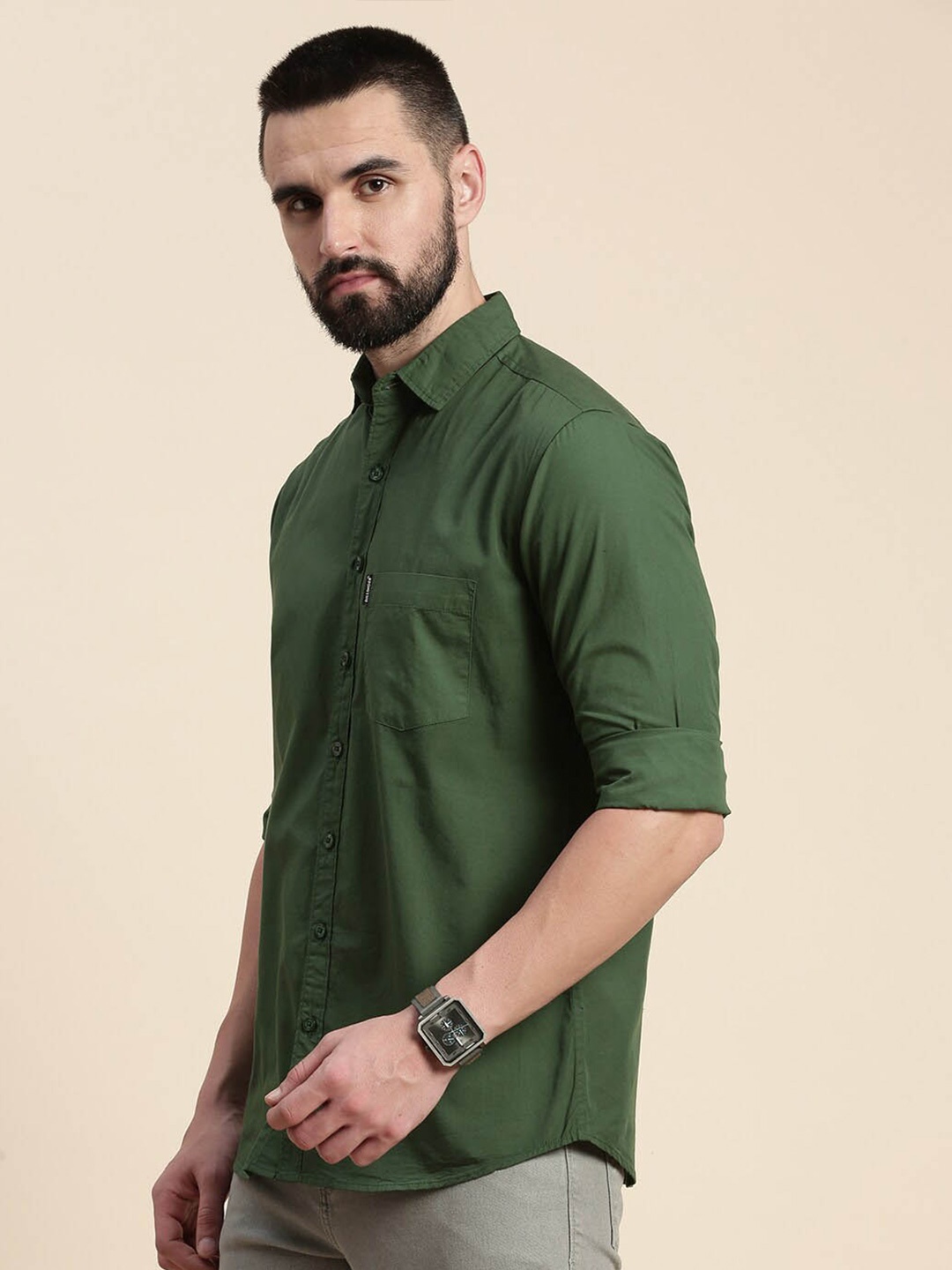 

DILLINGER Spread Collar Opaque Pure Cotton Casual Shirt, Green