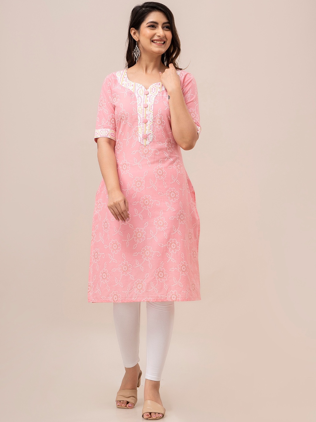 

FrionKandy Bandhani Printed Sweetheart Neck Straight Cotton Kurta, Pink