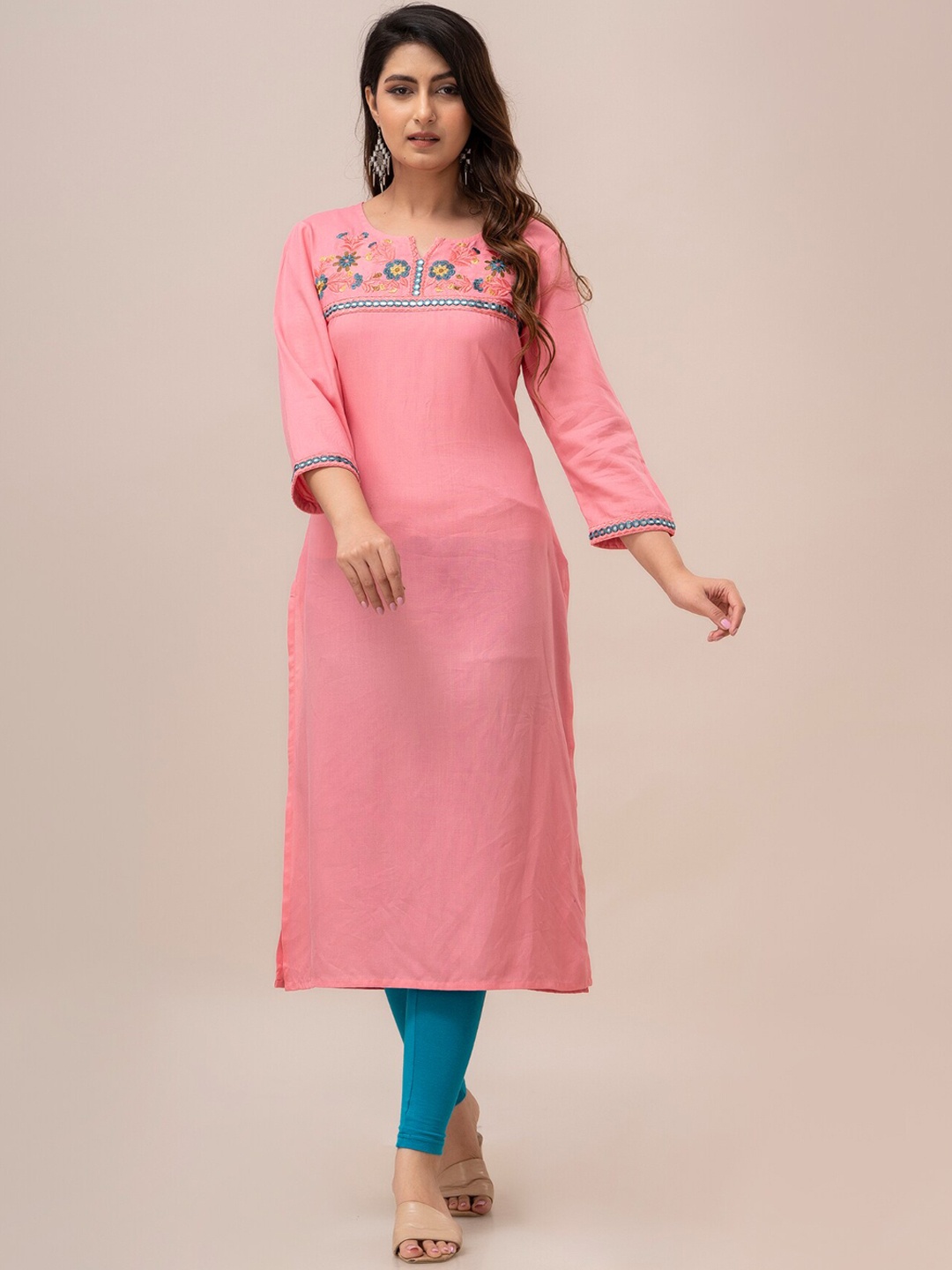 

FrionKandy Floral Yoke Design Mirror Work Straight Kurta, Pink