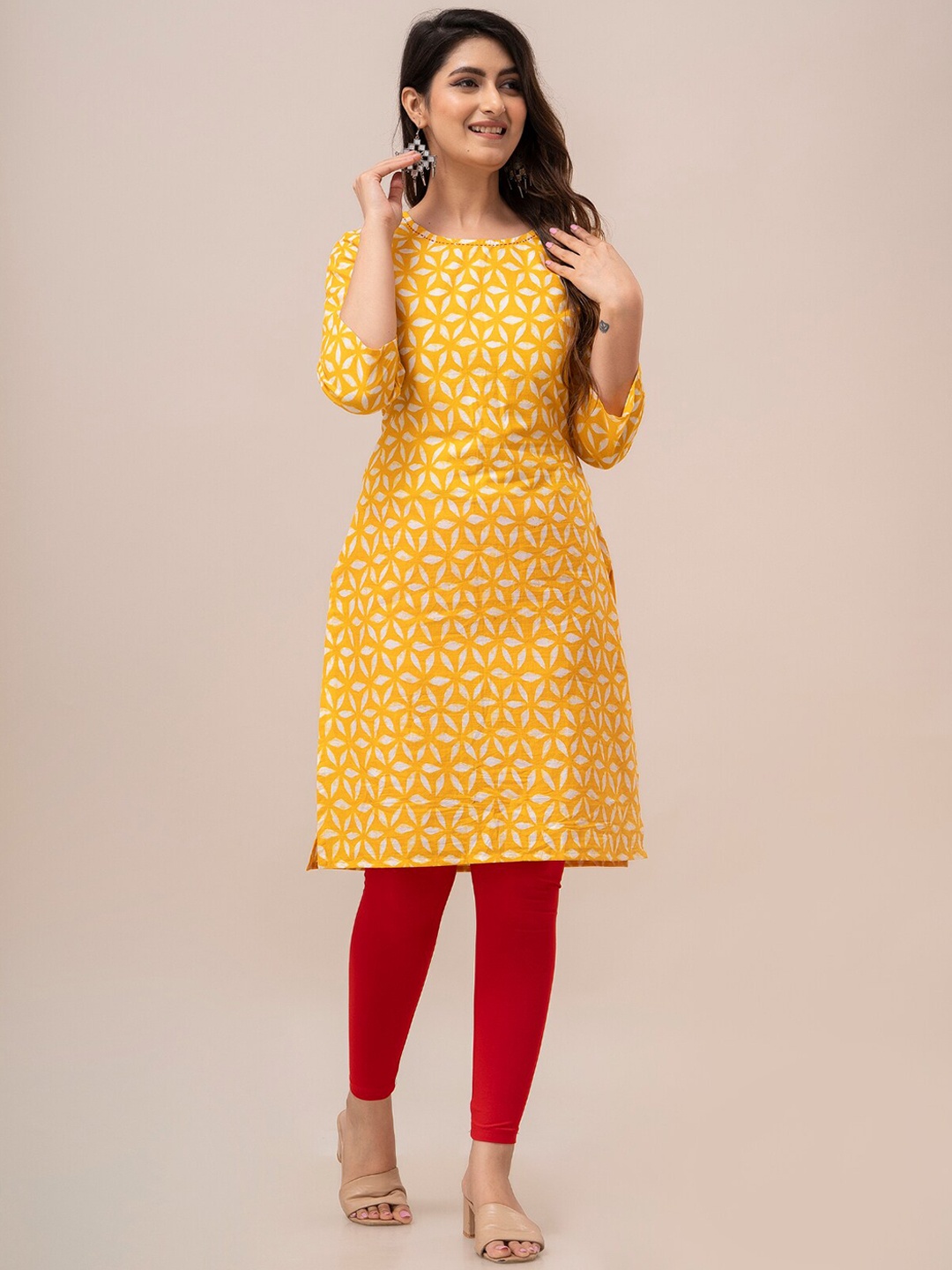

FrionKandy Floral Printed Sequin Detail Straight Cotton Kurta, Yellow
