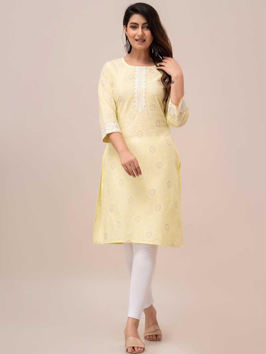 

FrionKandy Bandhani Printed Sweetheart Neck Straight Cotton Kurta, Yellow