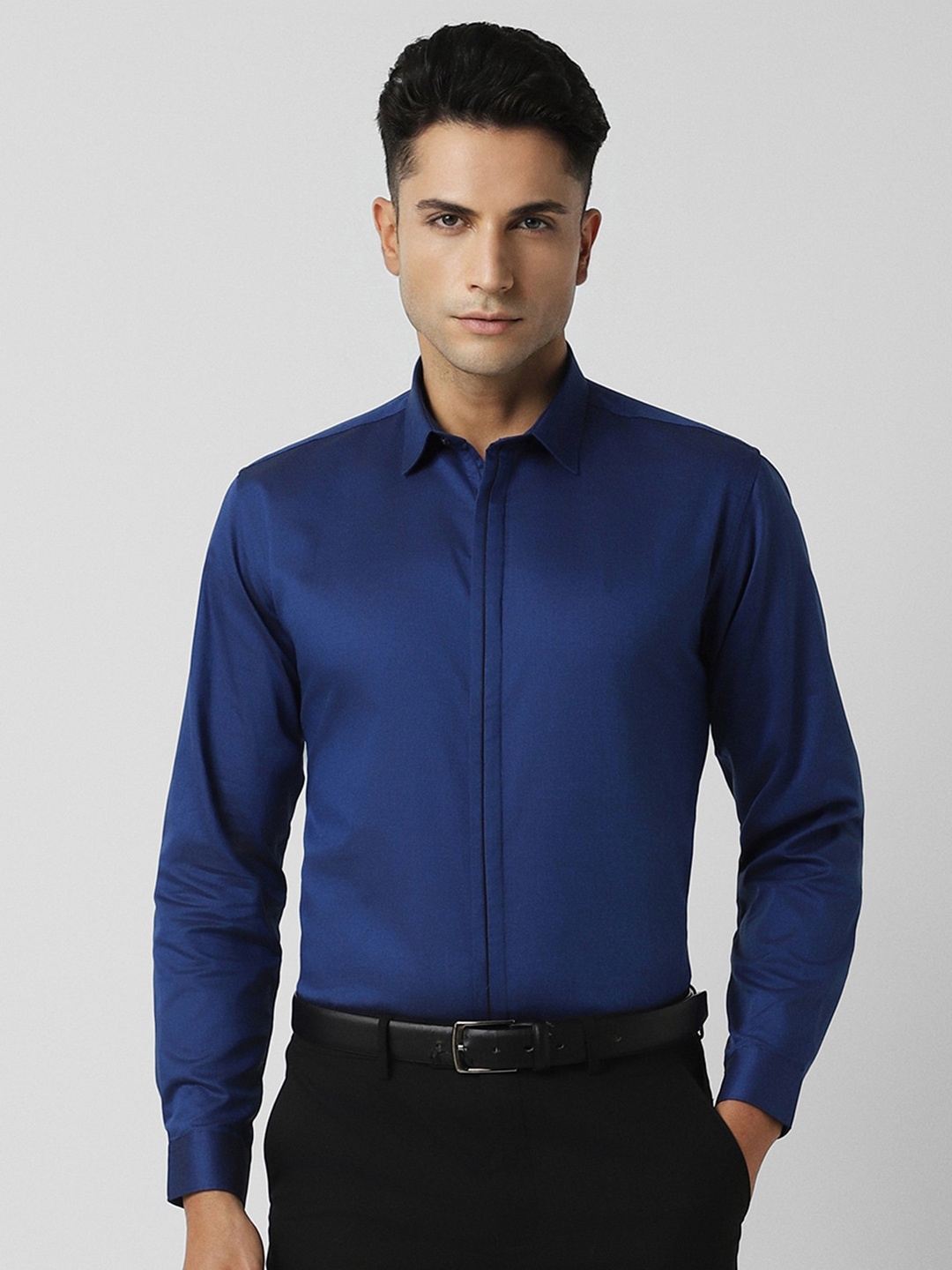 

V Dot Slim Fit Opaque Pure Cotton Party Shirt, Blue