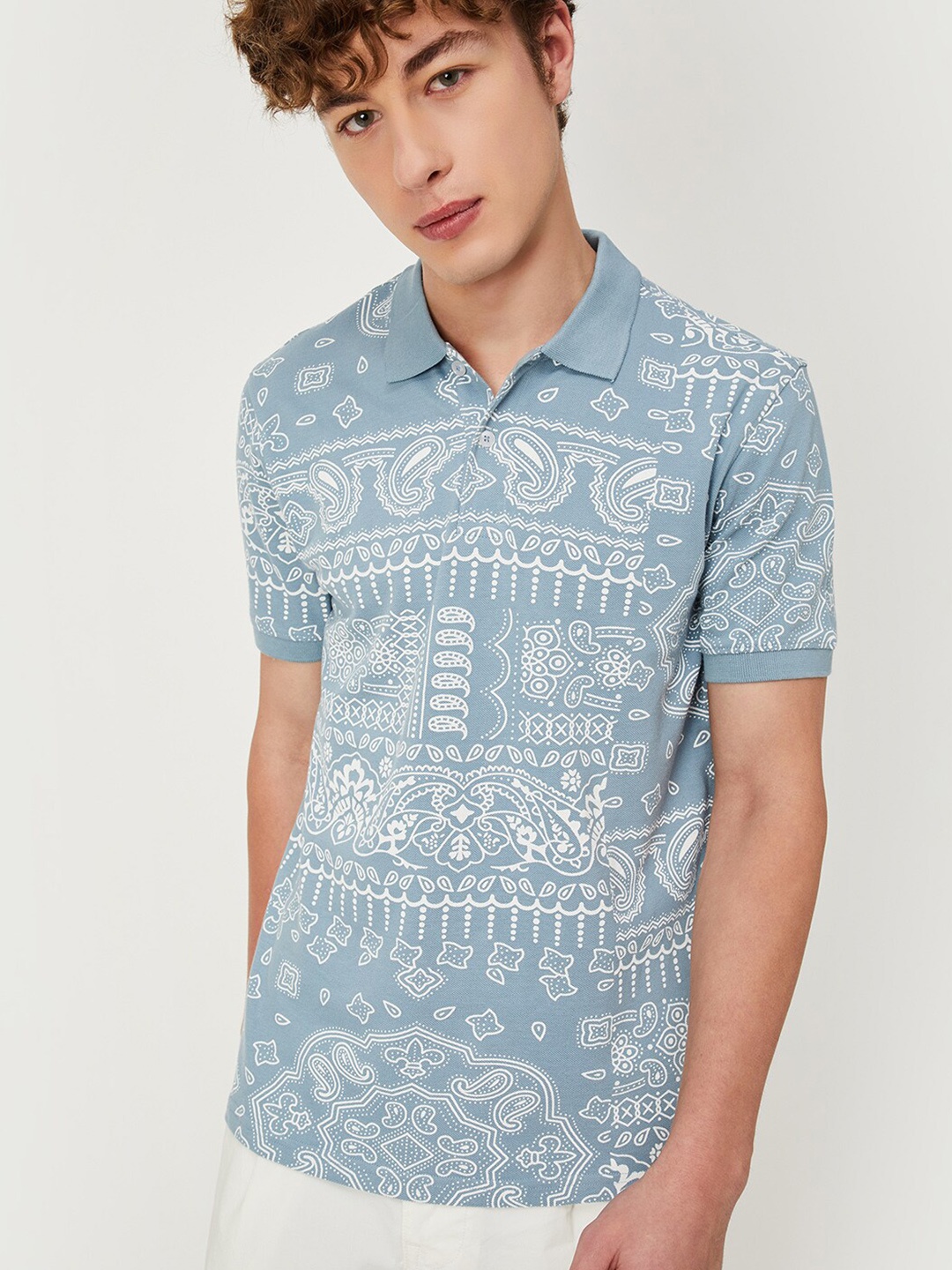 

max Geometric Printed Polo Collar T-shirt, Blue