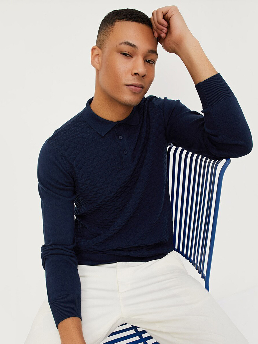 

max Geometric Self Design Polo Collar T-shirt, Navy blue
