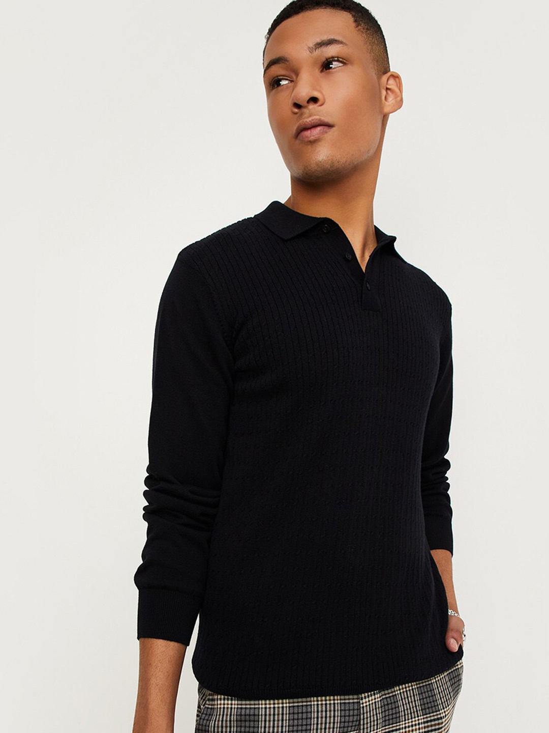 

max Self Design Polo Collar T-shirt, Black