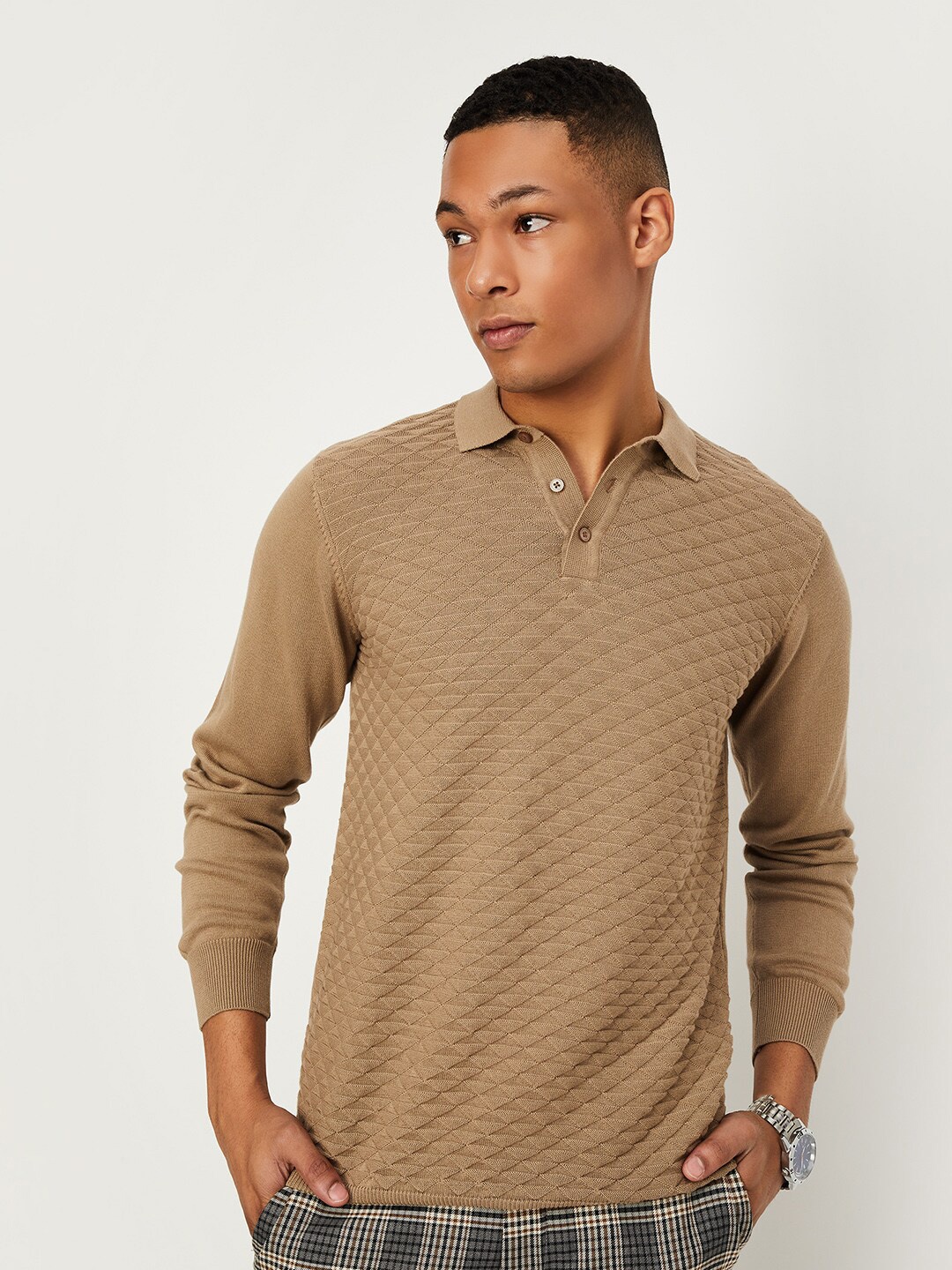 

max Geometric Self Design Polo Collar T-shirt, Beige