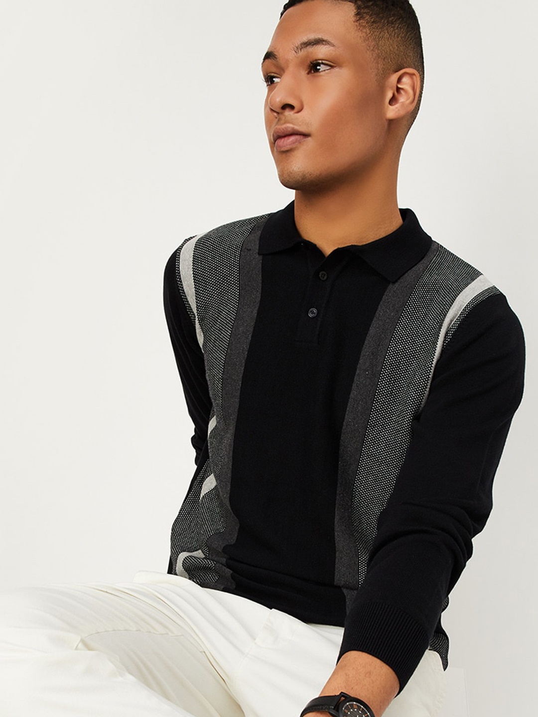 

max Striped Polo Collar T-shirt, Black