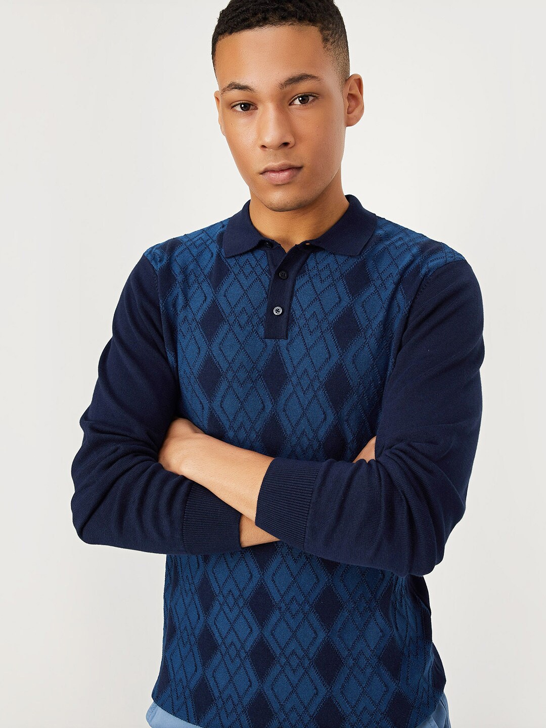 

max Geometric Self Design Polo Collar T-shirt, Navy blue