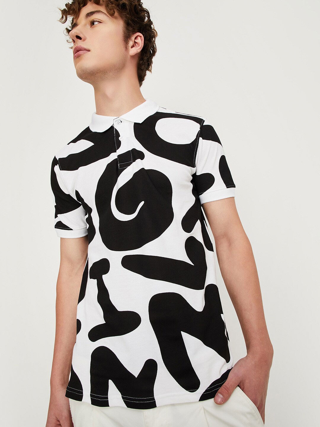 

max Abstract Printed Polo Collar Pure Cotton T-shirt, White