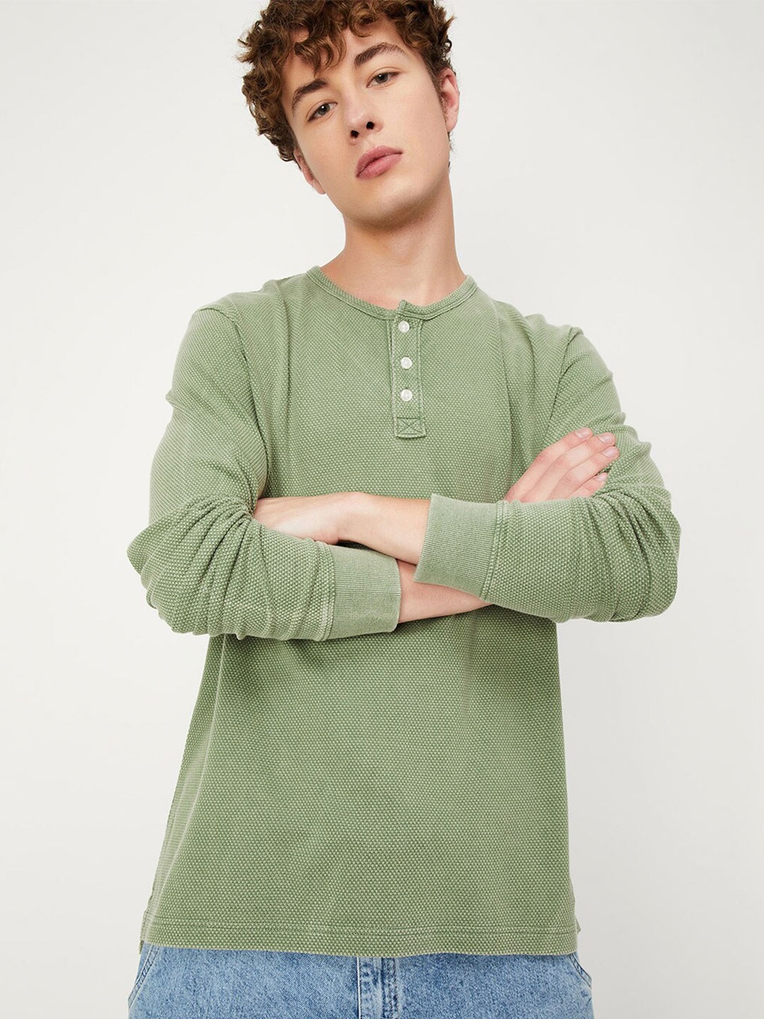 

max Henley Neck Long Sleeves Pure Cotton T-shirt, Green