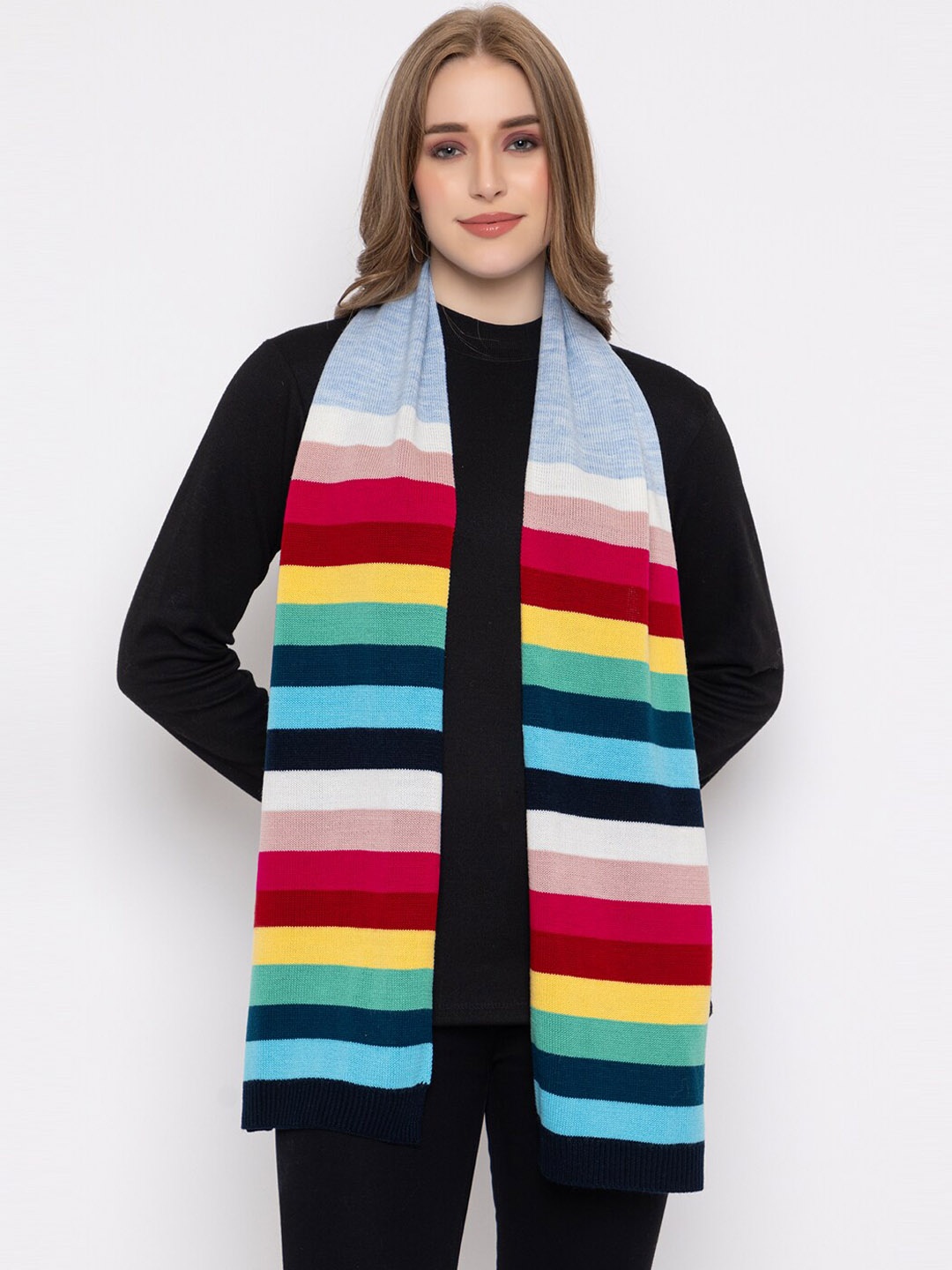 

513 Acrylic Knitted Self Design Striped Muffler, Blue