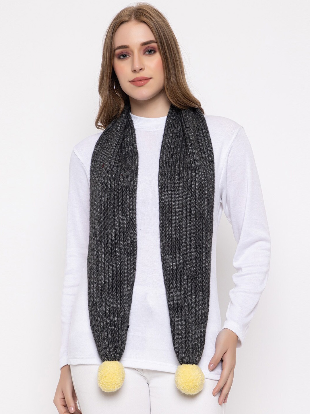 

513 Acrylic Pom-Pom Detailing Knitted Muffler, Charcoal