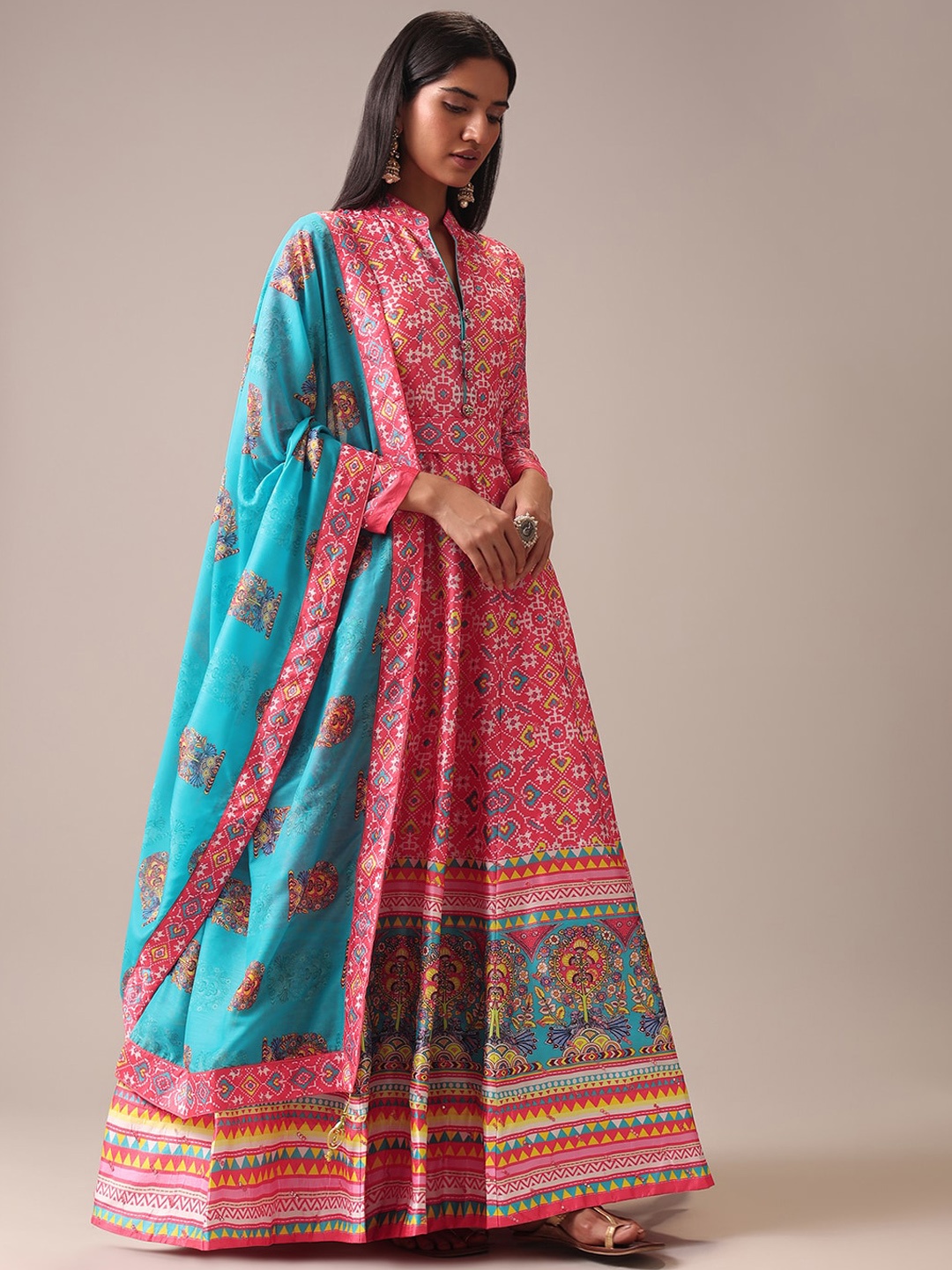 

KALKI Fashion Ethnic Motifs Printed Fit And Flare Ethnic Dress With Dupatta, Pink