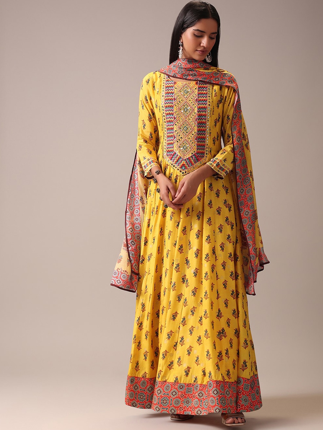 

KALKI Fashion Floral Printed Mirror Work Anarkali Kurta & Trousers With Dupatta, Yellow