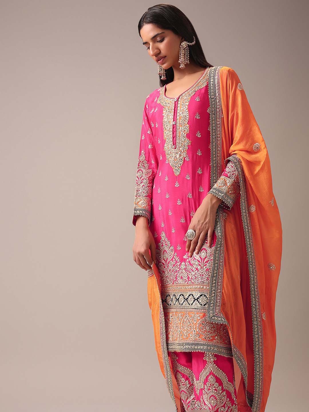 

KALKI Fashion Ethnic Motifs Embroidered Thread Work Kurta With Trousers & Dupatta, Pink