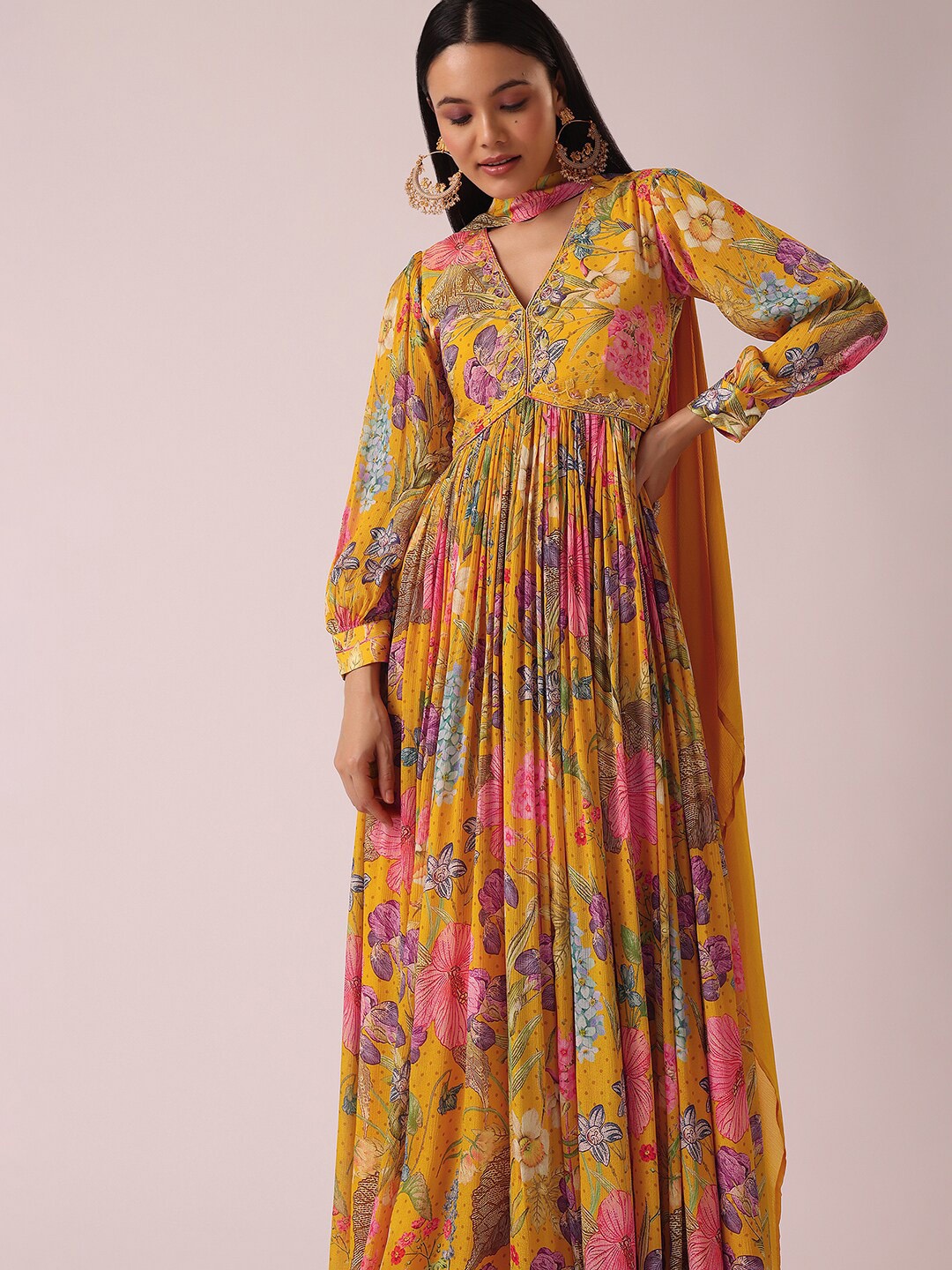 

KALKI Fashion Floral Printed Gown Ethnic Dress with Dupatta, Yellow