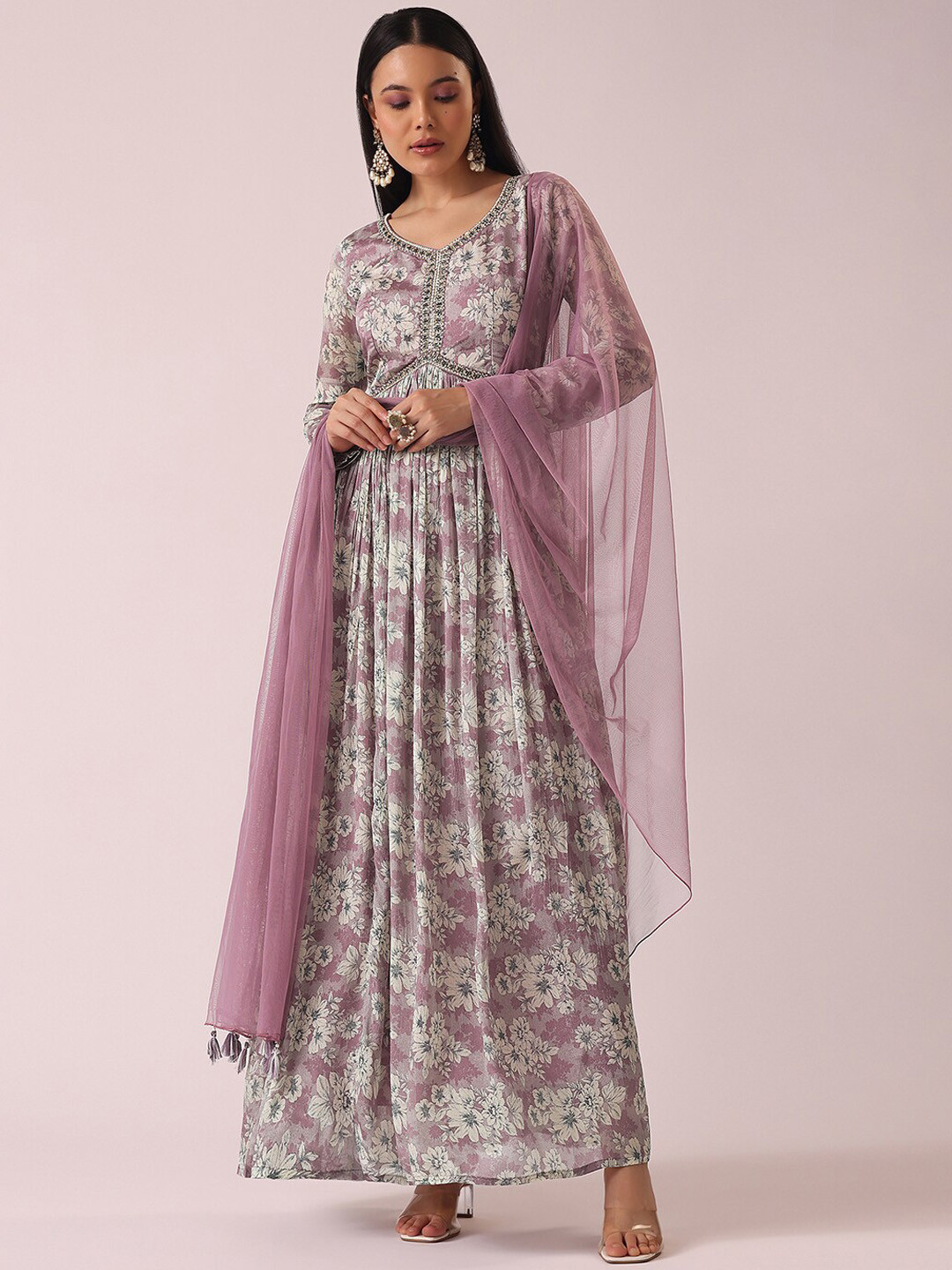 

KALKI Fashion Floral Printed Fit And Flare Ethnic Dress With Dupatta, Purple