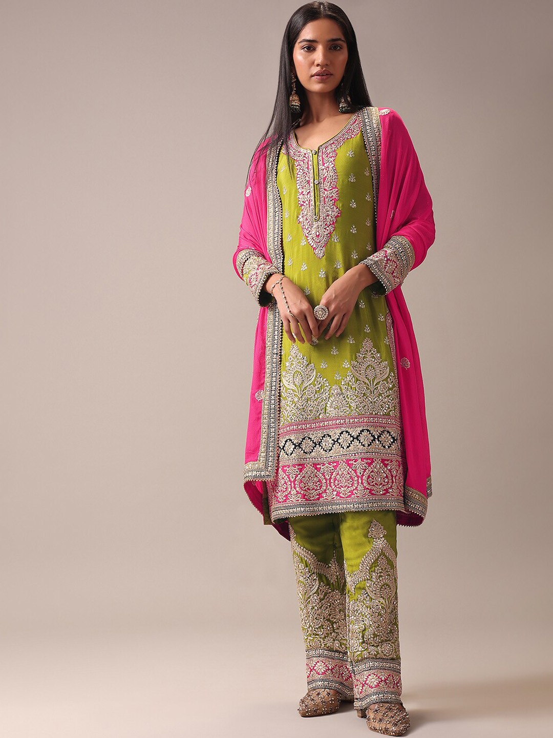 

KALKI Fashion Floral Embroidered Thread Work Straight Kurta With Trousers & Dupatta, Green
