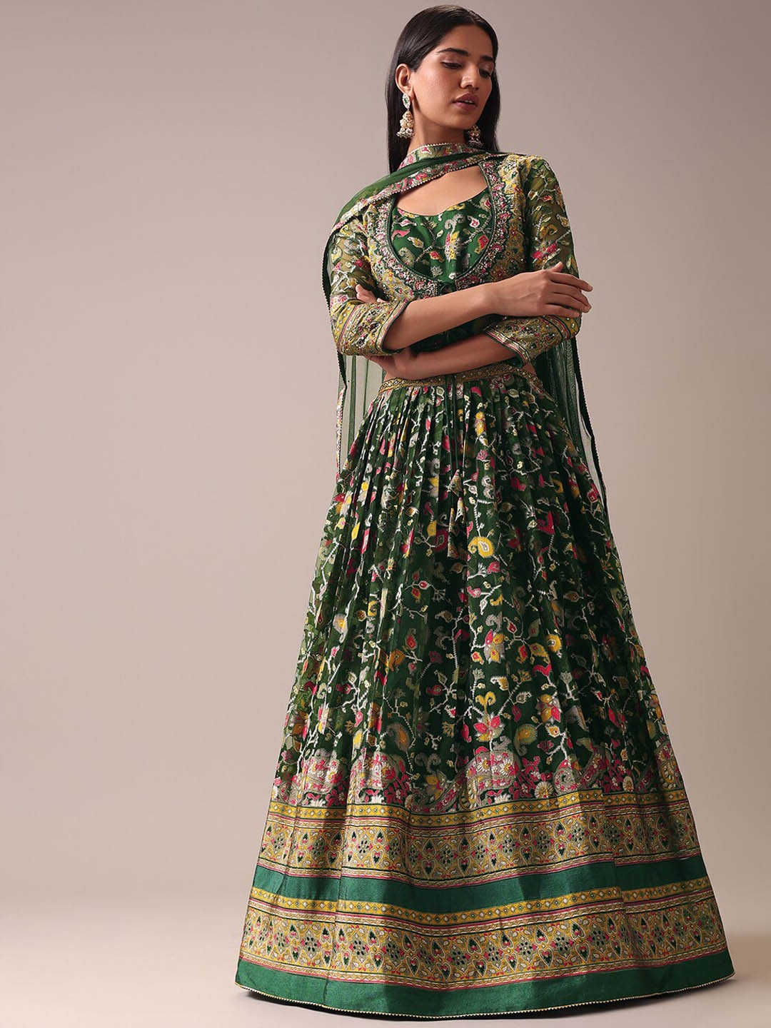 

KALKI Fashion Floral Printed Organza Fit And Flare Ethnic Dress With Dupatta, Green