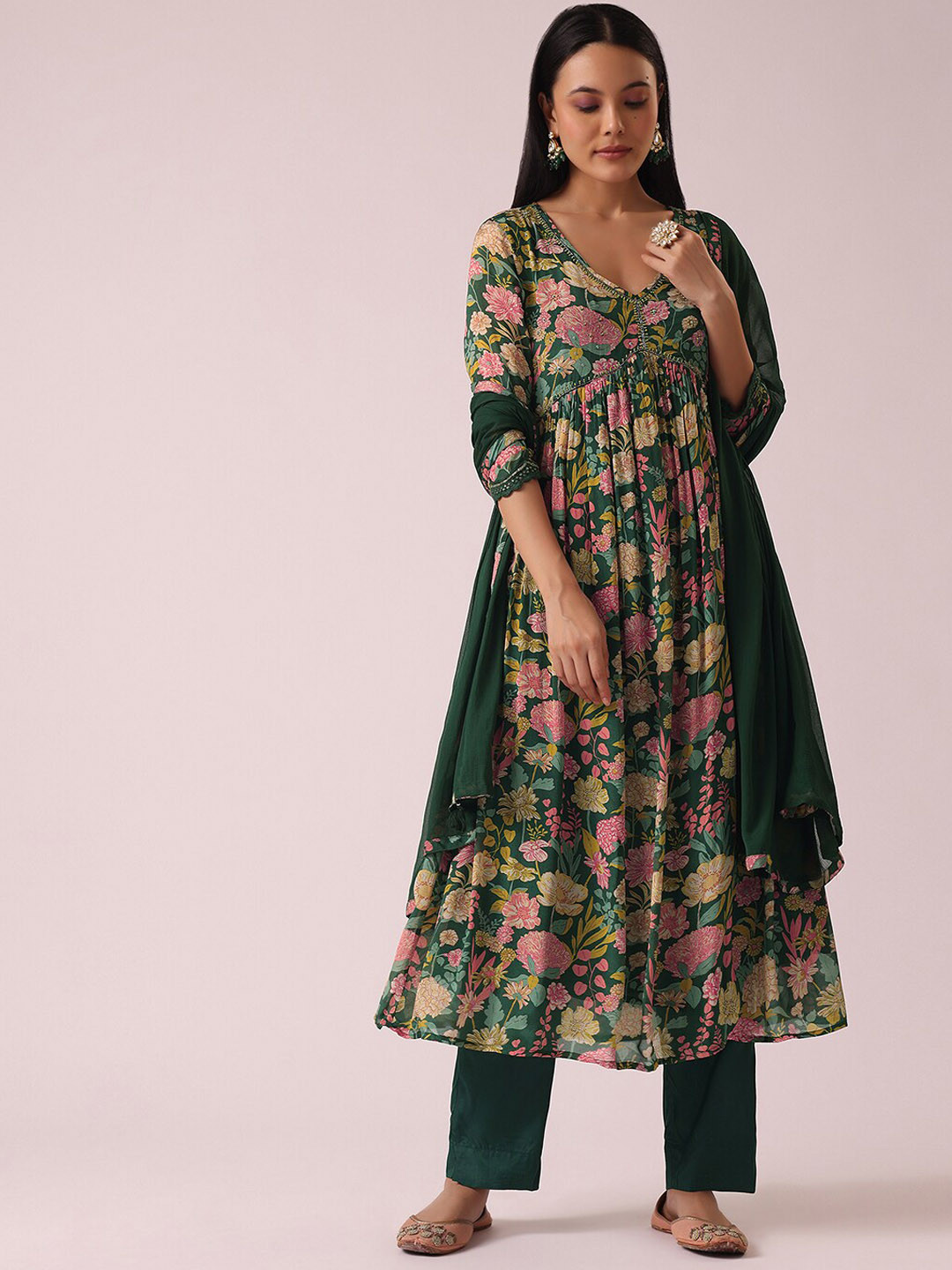 

KALKI Fashion Floral Printed Empire Thread Work A-Line Kurta With Trousers & Dupatta, Green