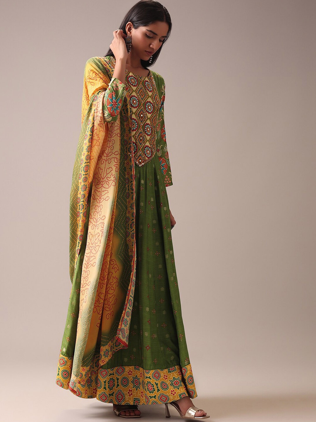 

KALKI Fashion Ethnic Motifs Printed Empire Anarkali Kurta With Churidar & Dupatta, Green